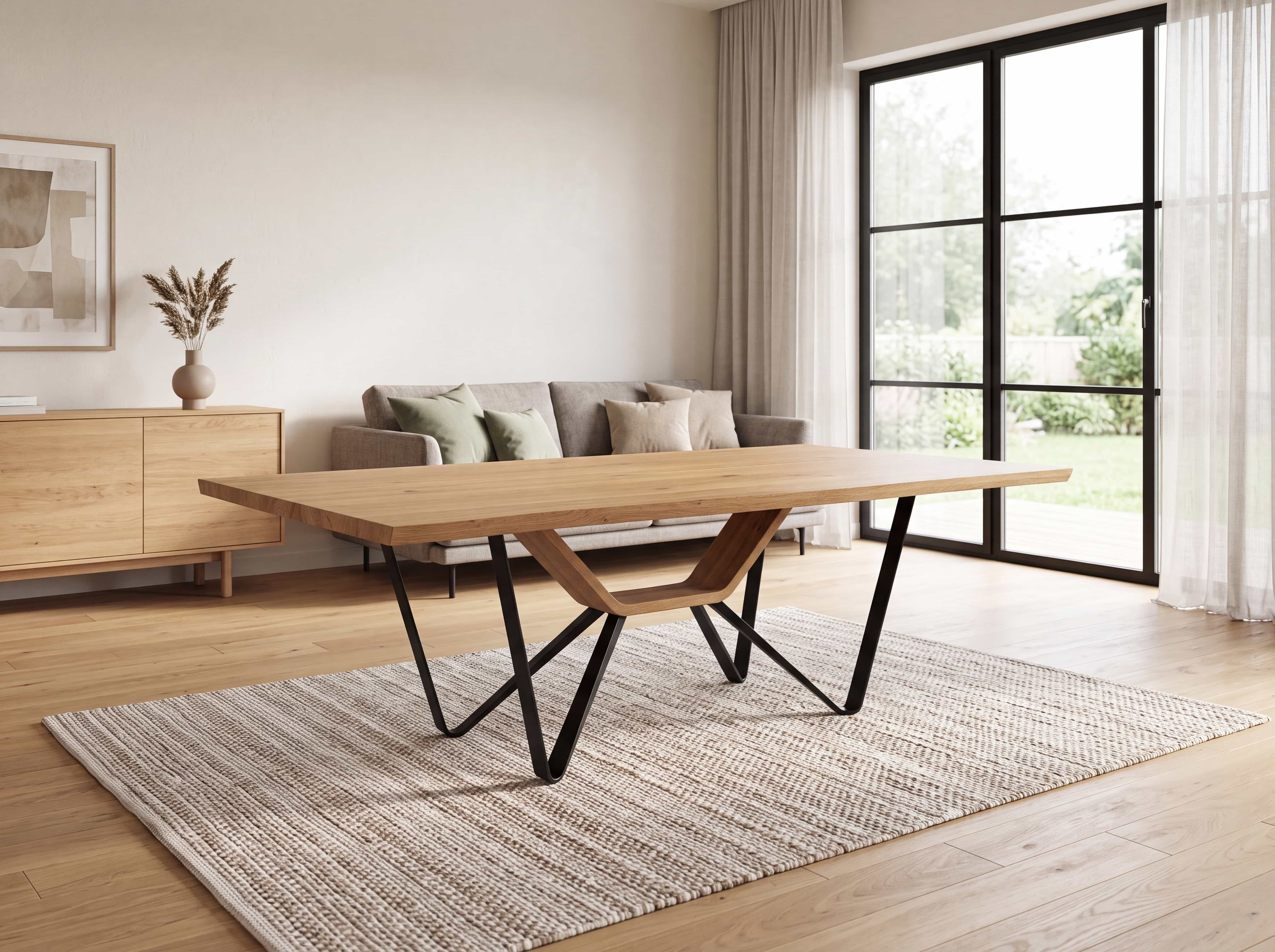 Esstisch T1003 – holzfarbene Tischplatte mit schrägen schwarzen Metallbeinen und markantem Mittelgestell