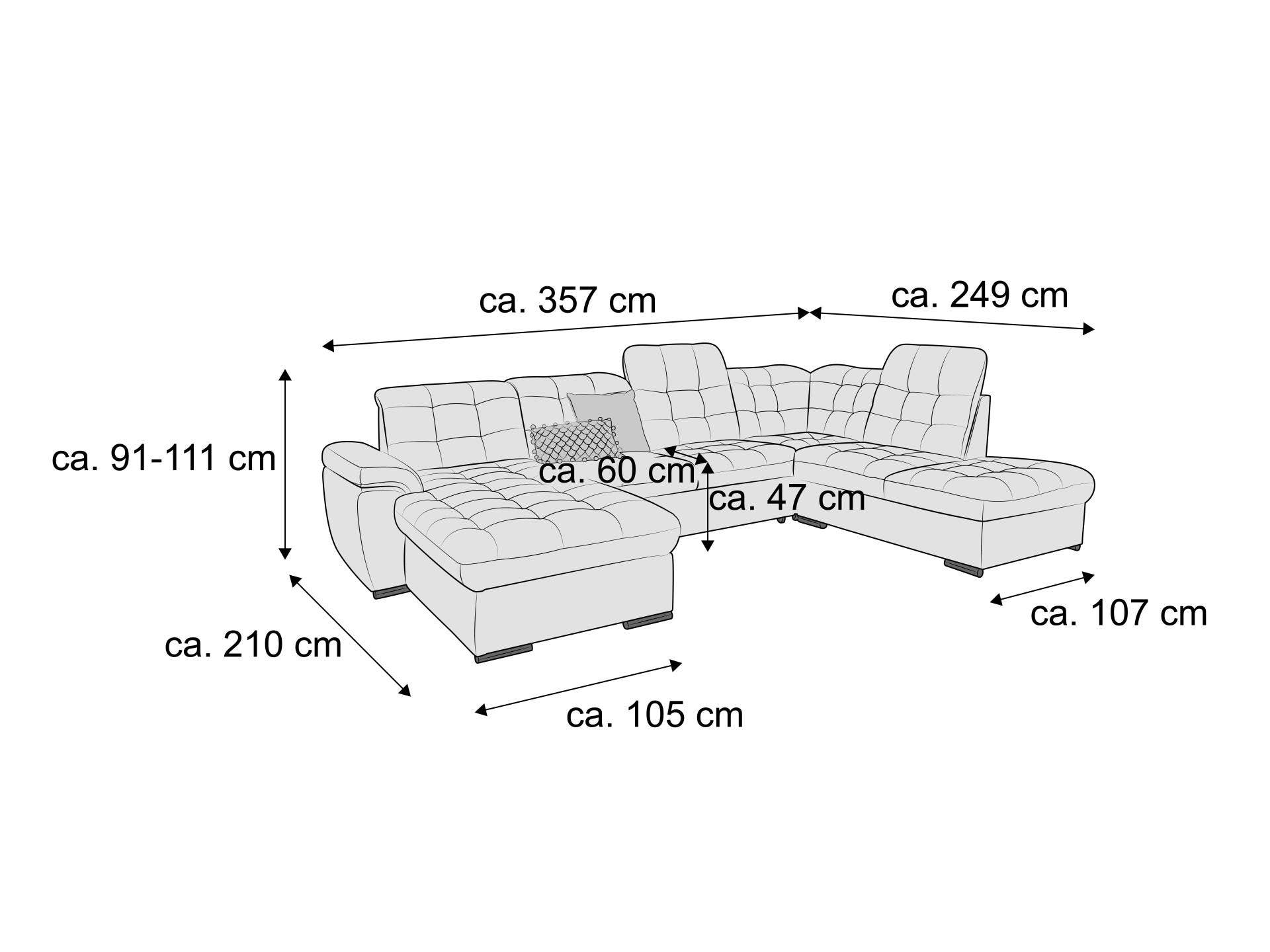 Ecksofa Kabs Polsterwelt mit gepolstertem Stoffbezug, Armlehnen, Rückenlehnen und sichtbaren Maßen
