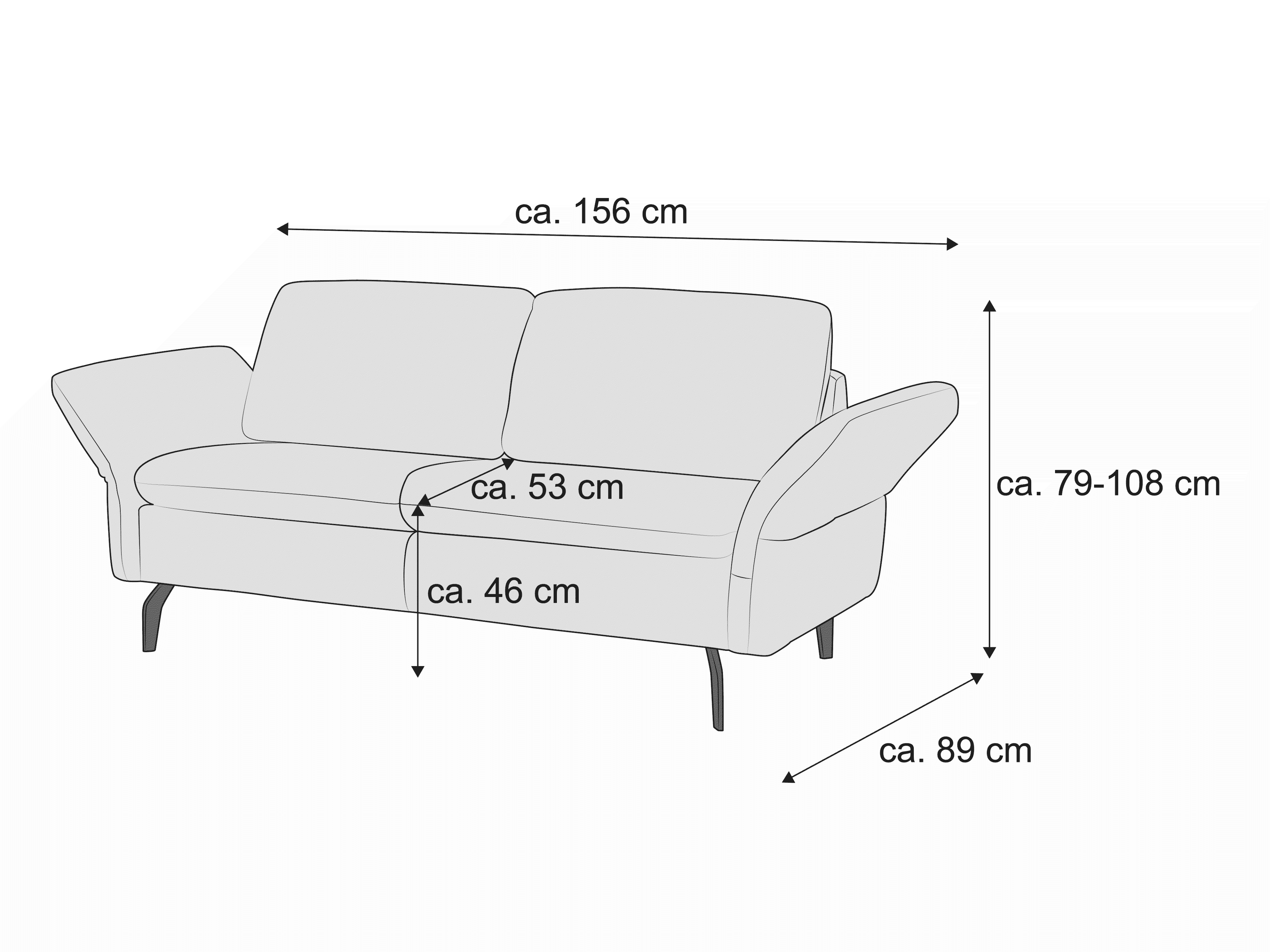 2-Sitzer Sofa mit Armlehnen, gepolsterter Sitzfläche, Rückenlehne und sichtbaren Füßen