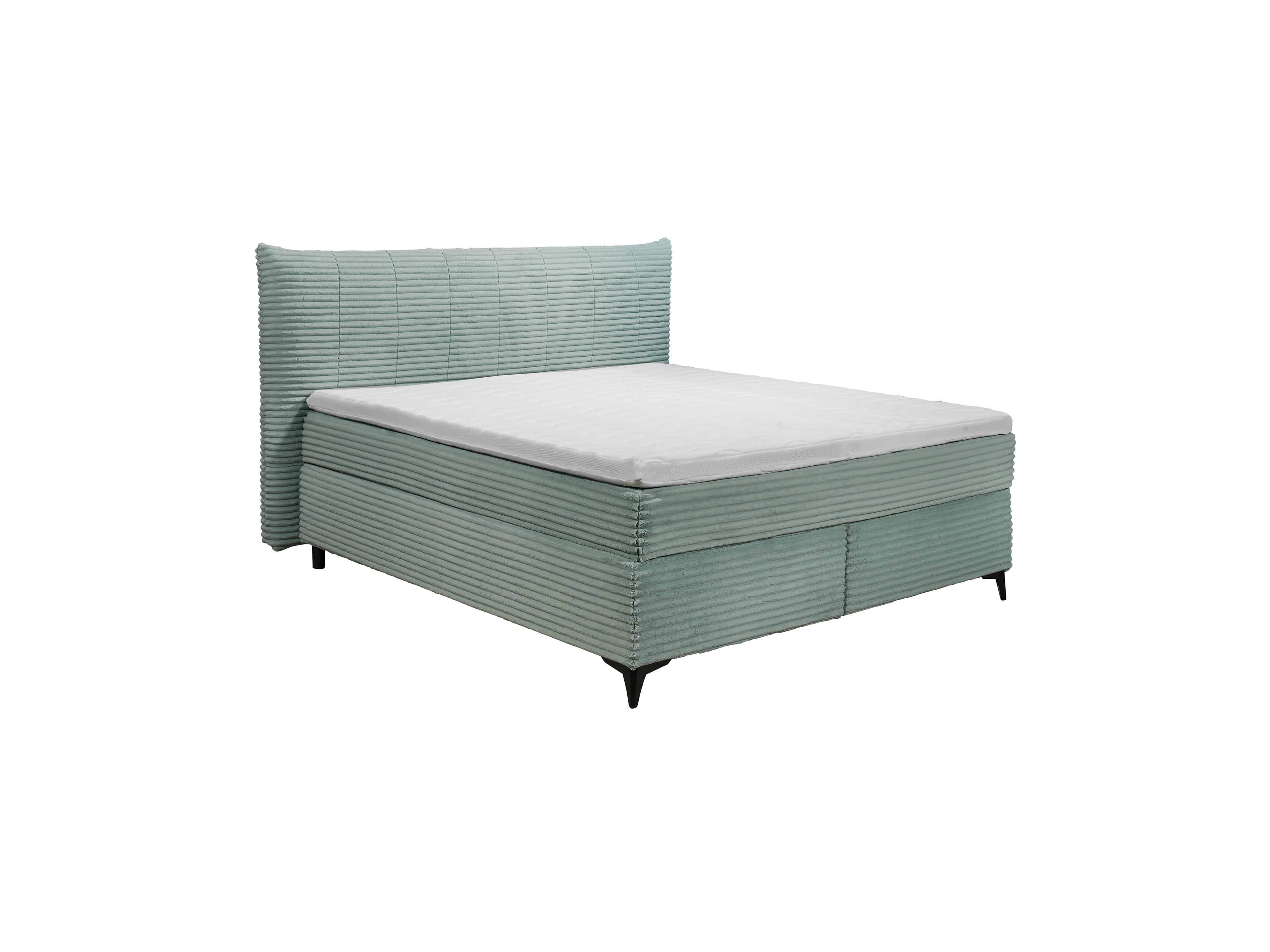 Boxspringbett Kabs Polsterwelt mit gestepptem Stoffbezug in Hellgrün, hohes Kopfteil, schwarze Bettfüße