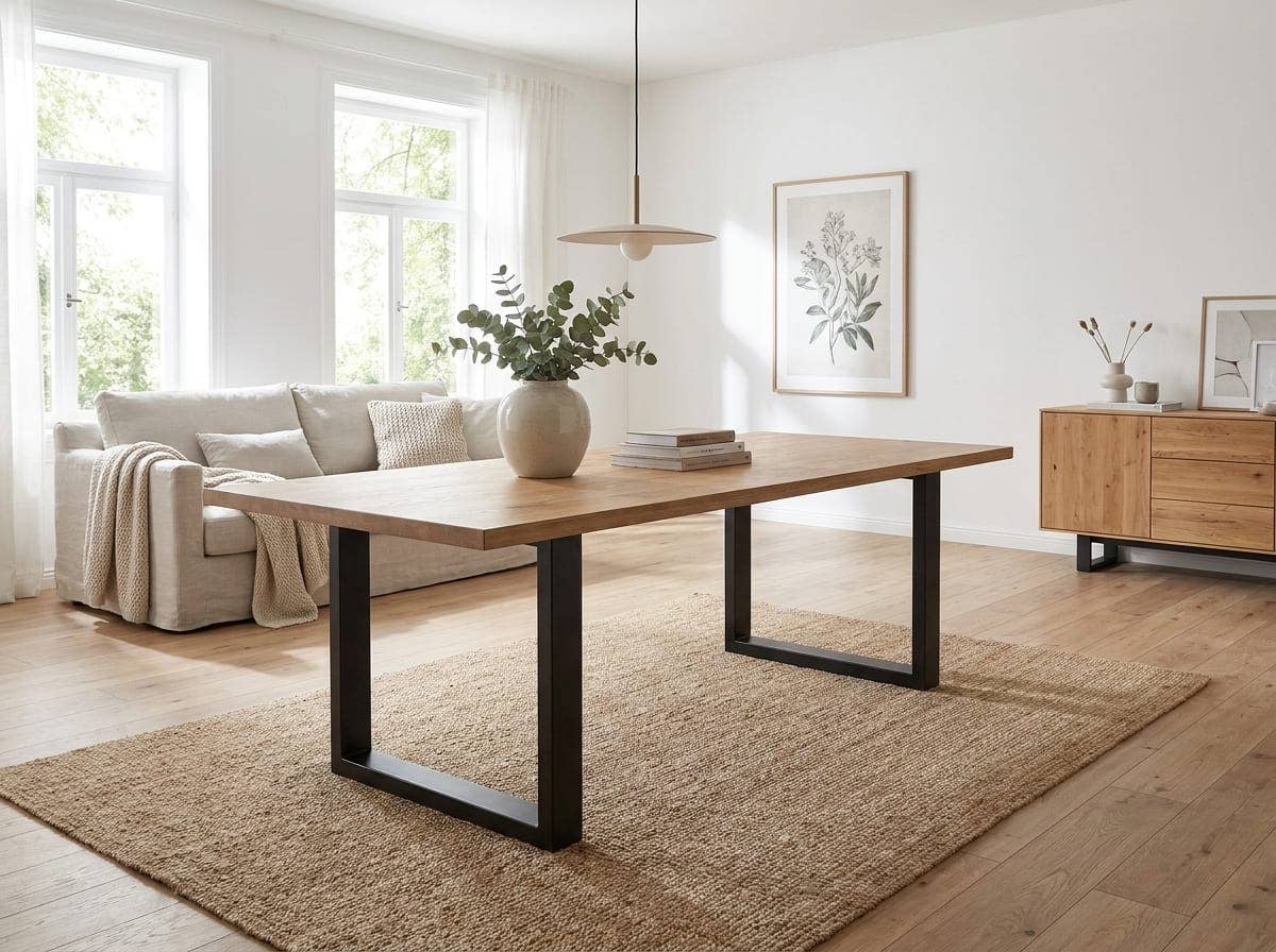 Rechteckiger Esstisch mit Holzplatte in Eicheoptik und schwarzem Metallgestell, ohne Tischdeko.