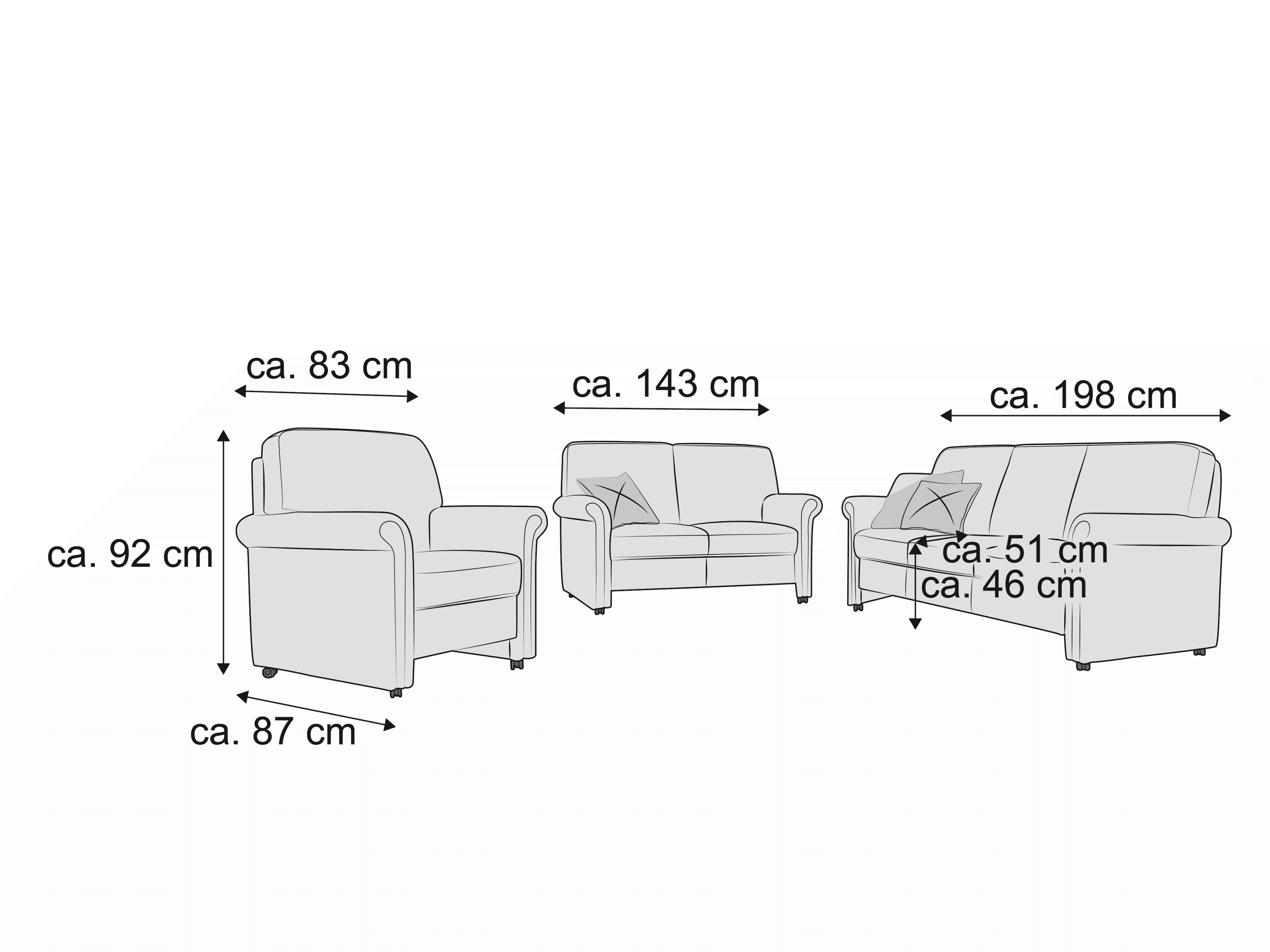 3-Sitzer Sofa, 2-Sitzer Sofa und Sessel mit Armlehnen, gepolsterten Rückenlehnen und Sitzflächen