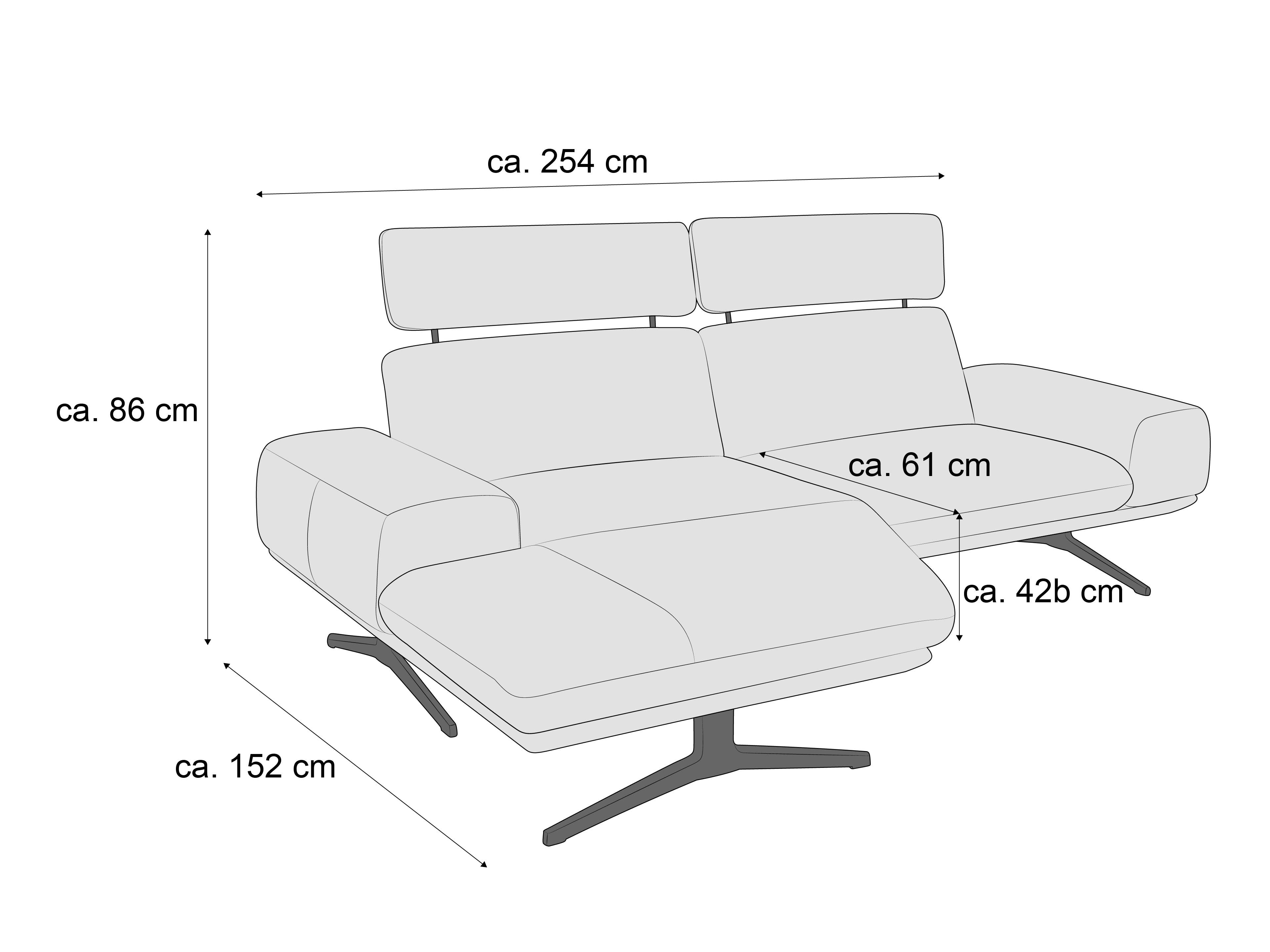 Ecksofa mit zwei Kopfstützen, breiten Armlehnen und Metallfüßen in L-Form, seitliche Ansicht