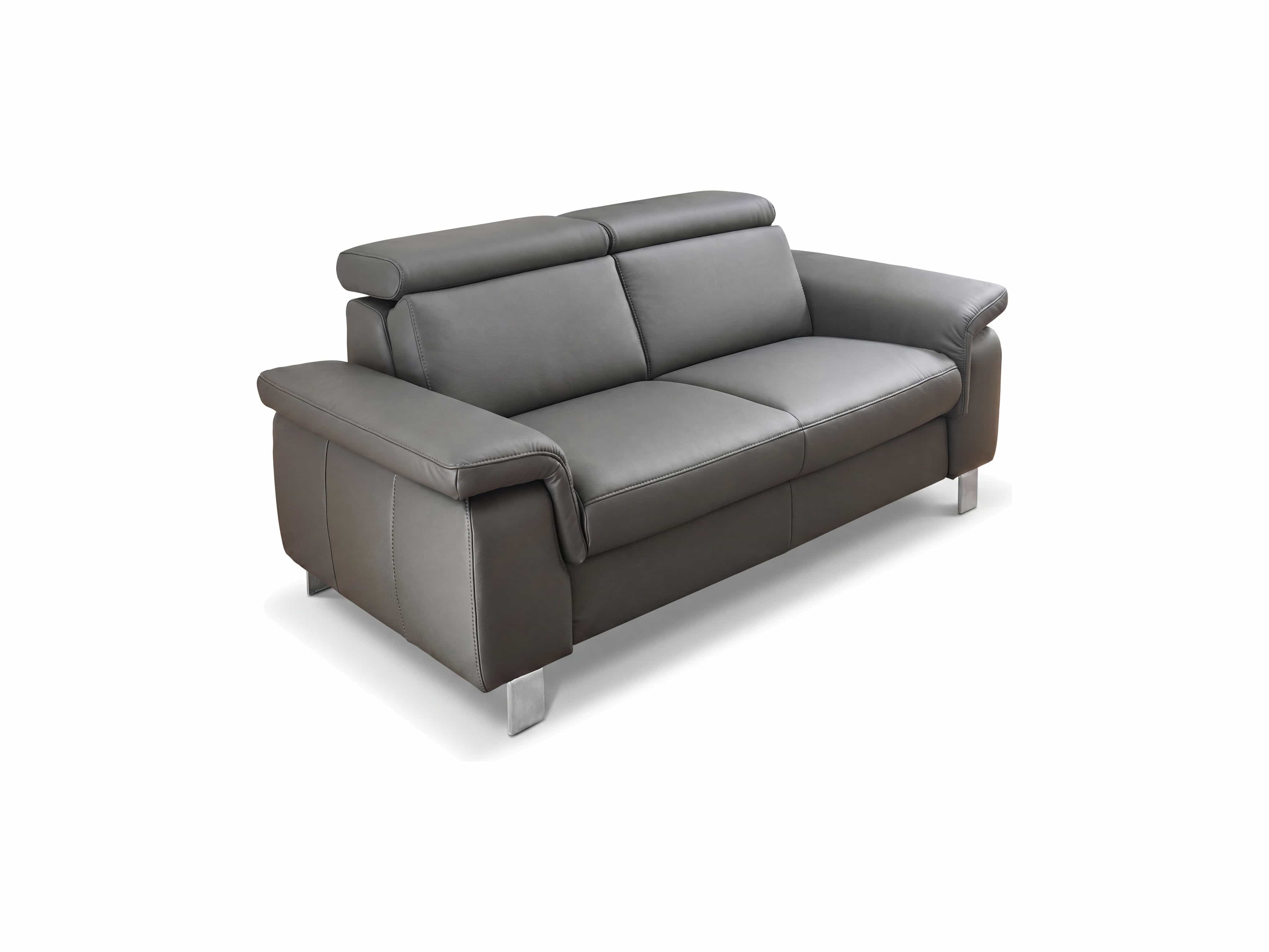 3-Sitzer Ledersofa Kabs mit verstellbarer Kopfstütze und breiten Armlehnen in Grau, Metallfüßen