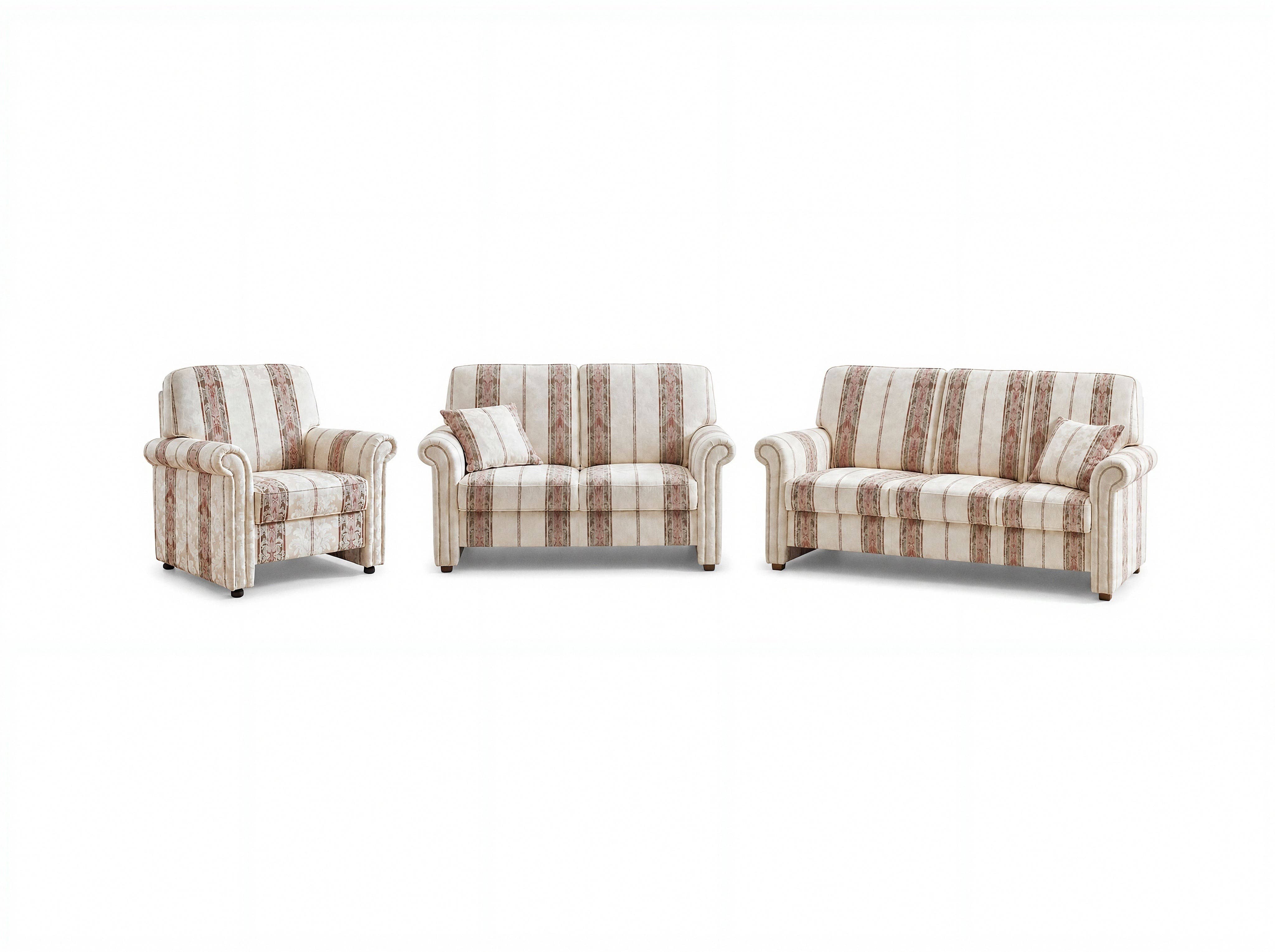Polstergarnitur Kabs mit Sessel, 2-Sitzer und 3-Sitzer, gestreifter Stoffbezug in Beige und Braun, Rundarmlehnen