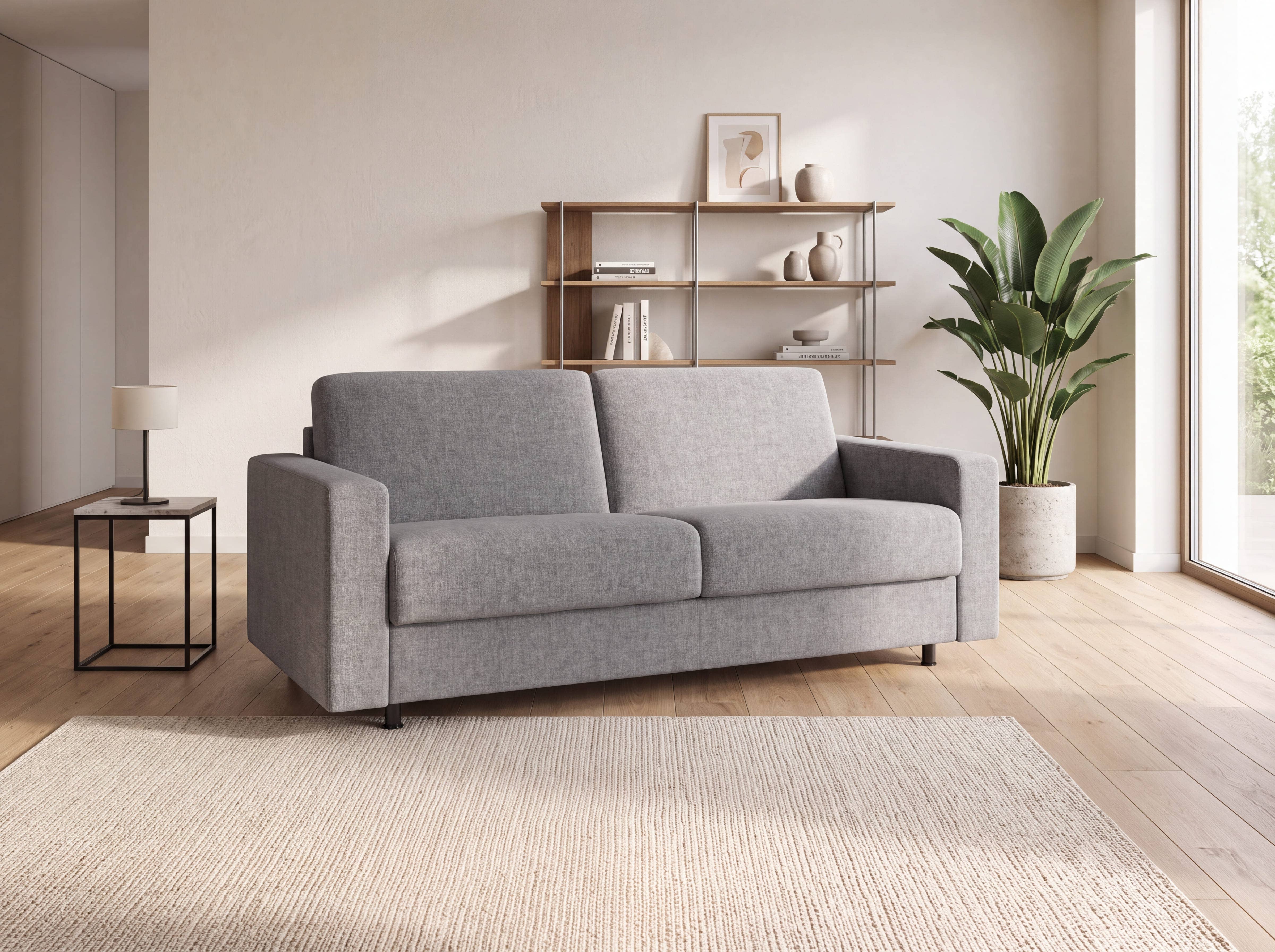 3-Sitzer Sofa Kabs Modell mit grauem Stoffbezug, geraden Armlehnen und schlichten Metallfüßen