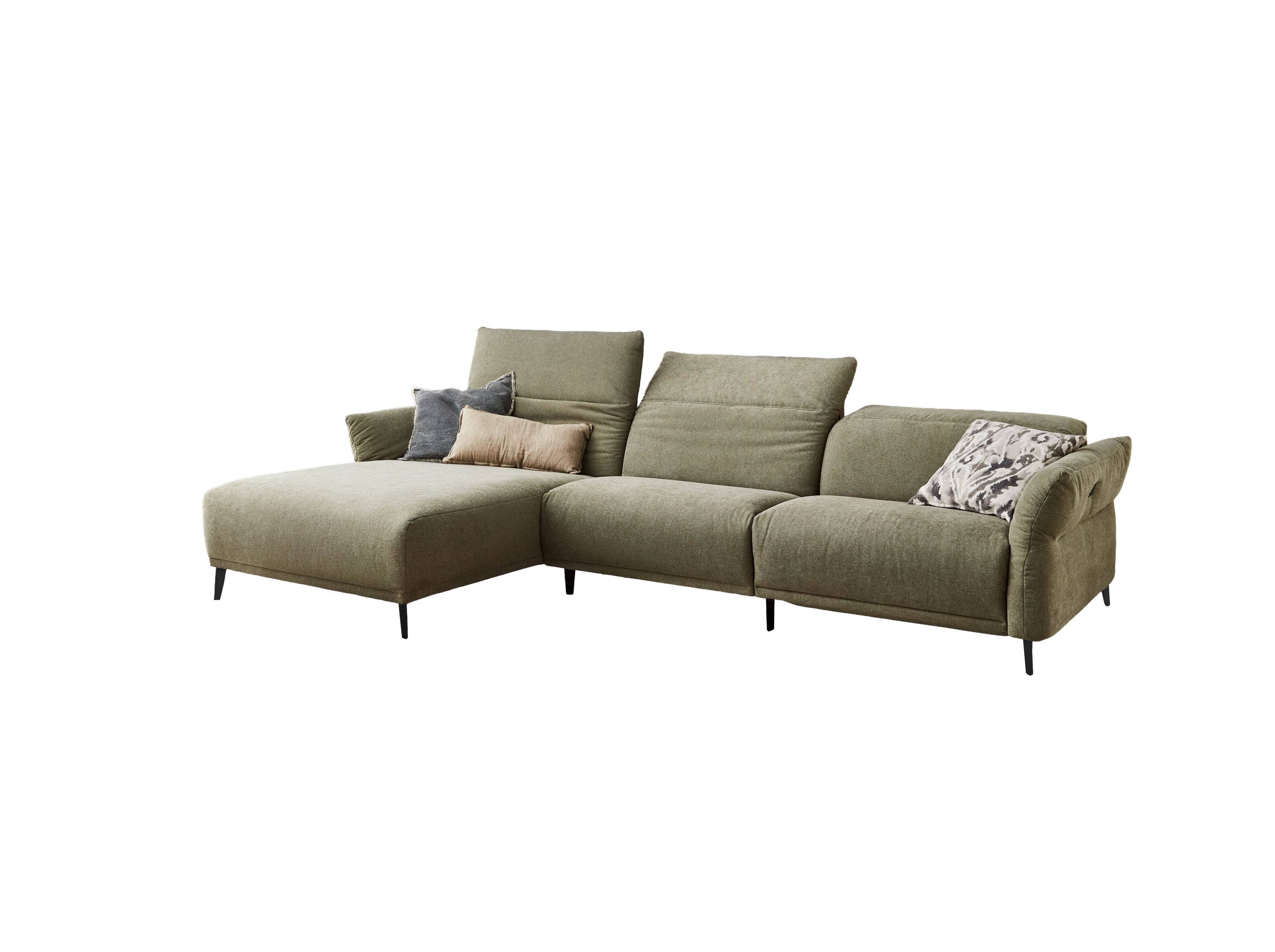 Ecksofa Kabs Mundo mit grünem Stoffbezug, linksseitiger Ottomane, Armlehnen und schwarzen Füßen