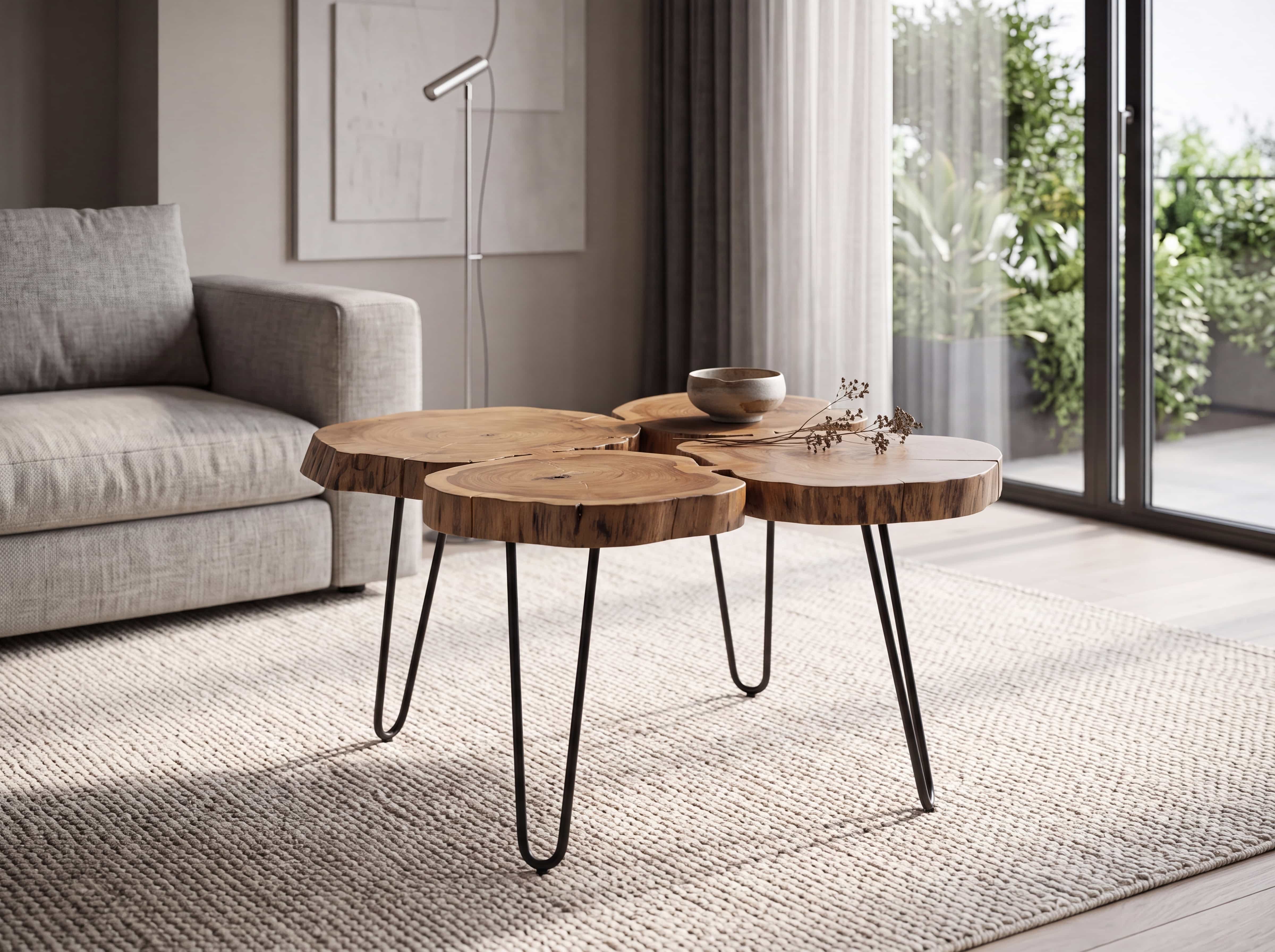 Couchtisch Setaria Mini – Couchtisch mit naturfarbener Holzplatte und drei schwarzen Metallbeinen