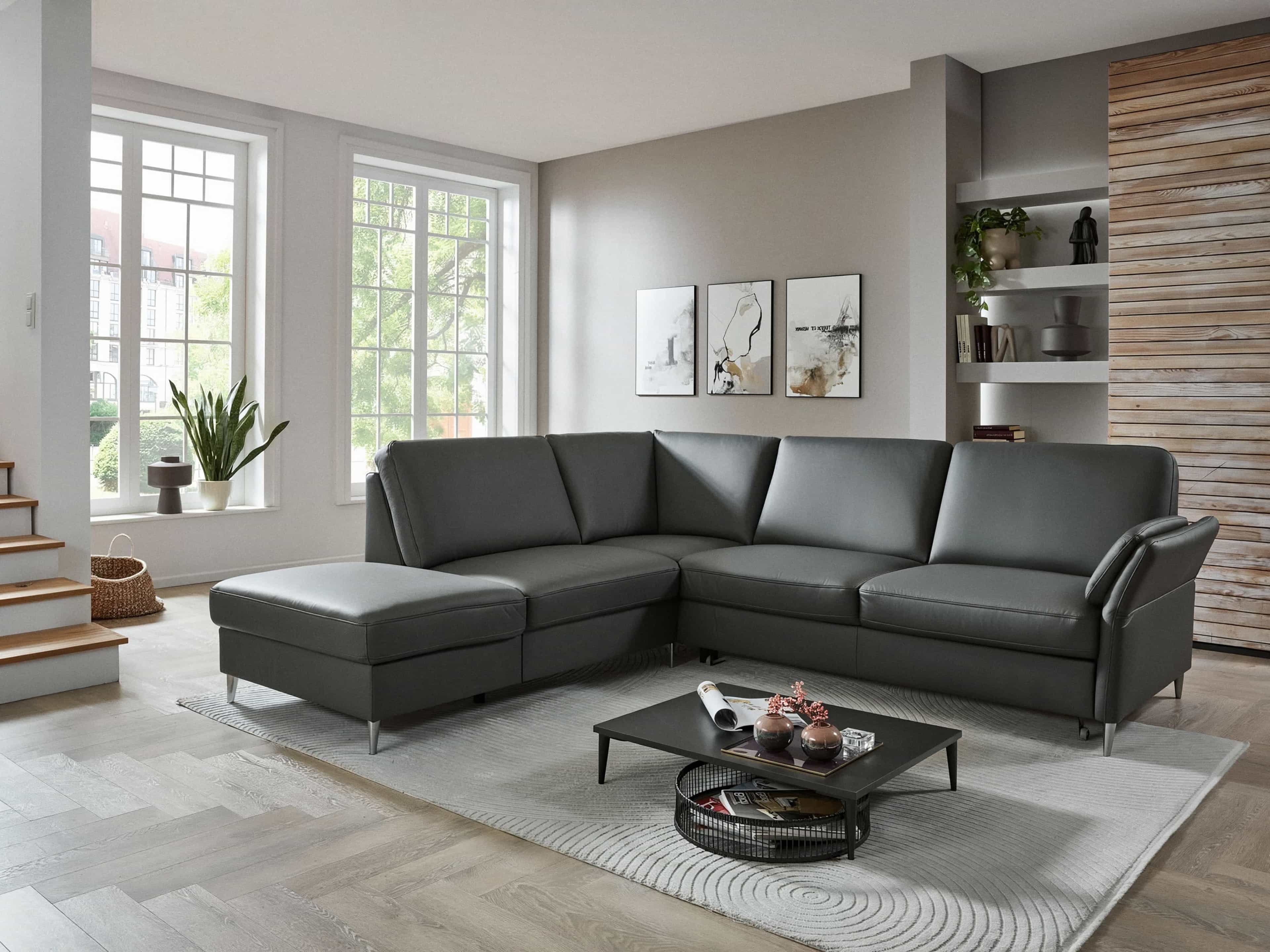 Ecksofa Bellagio aus dunkelgrauem Leder mit verstellbarer Armlehne und Metallfüßen in L-Form