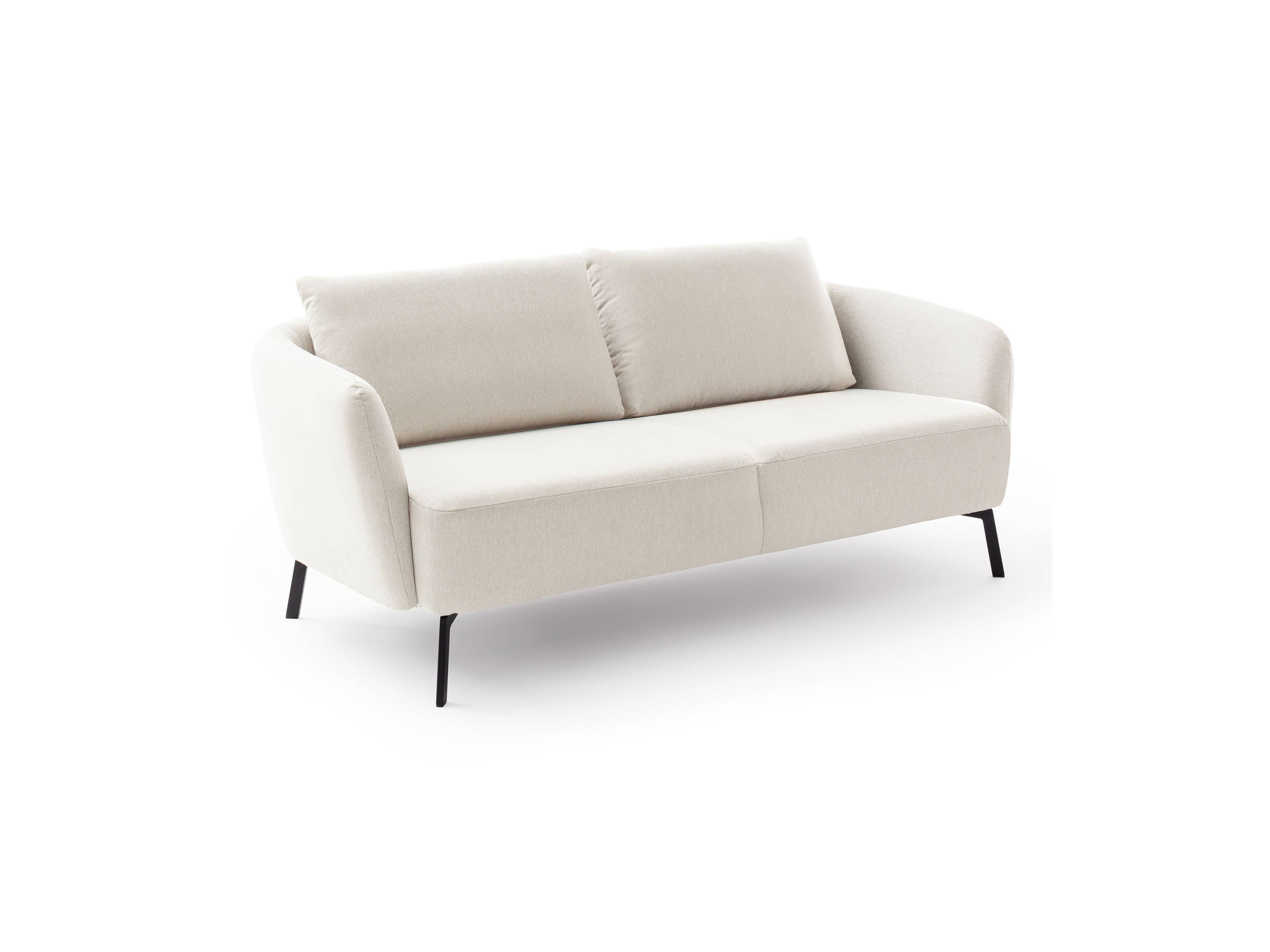 3-Sitzer Sofa mit hellem Stoffbezug, zwei Rückenkissen, Armlehnen und schwarzen Metallfüßen