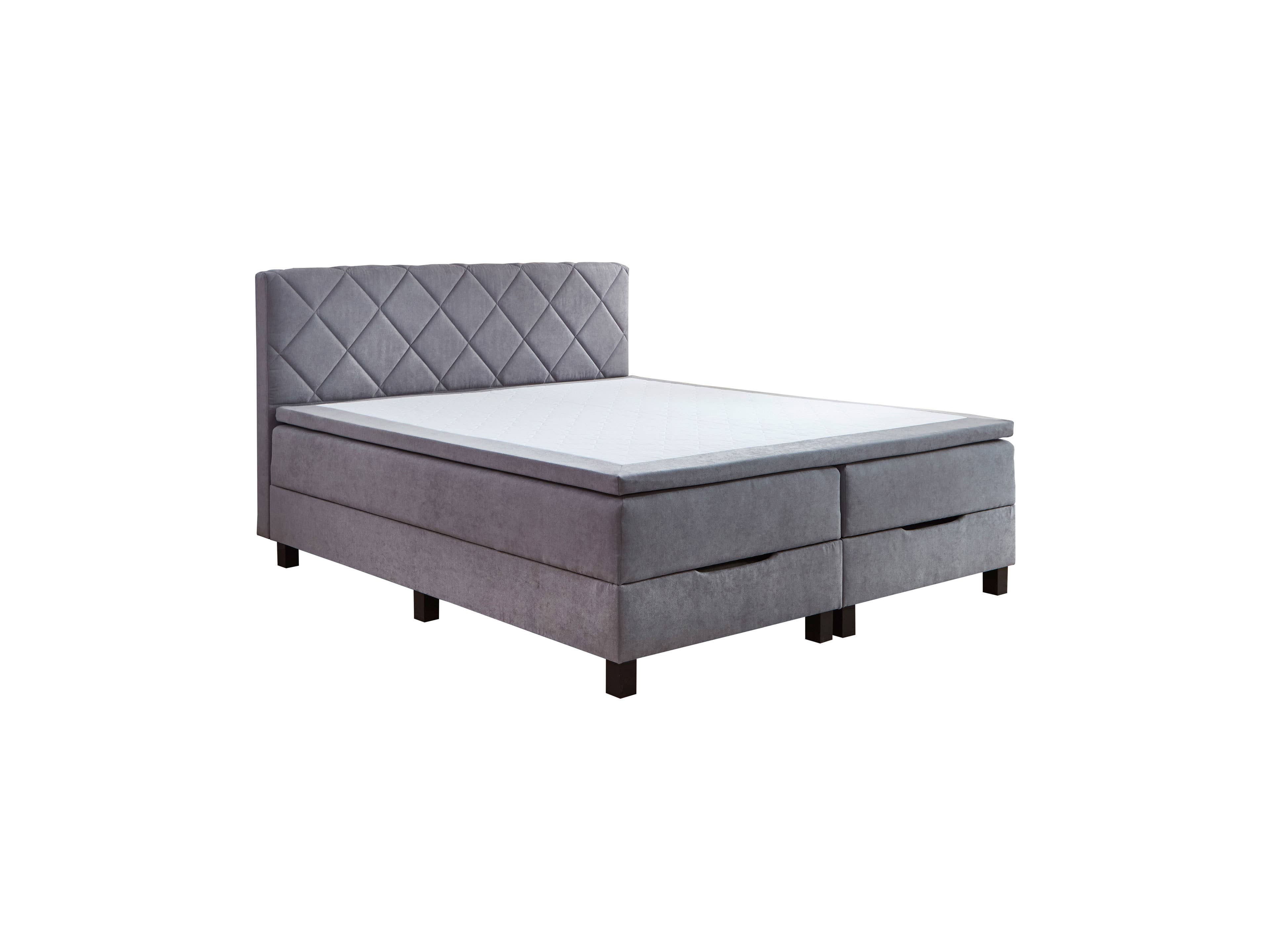 Boxspringbett Kabs mit grauem Stoffbezug, gestepptem Kopfteil und vier sichtbaren Bettfüßen