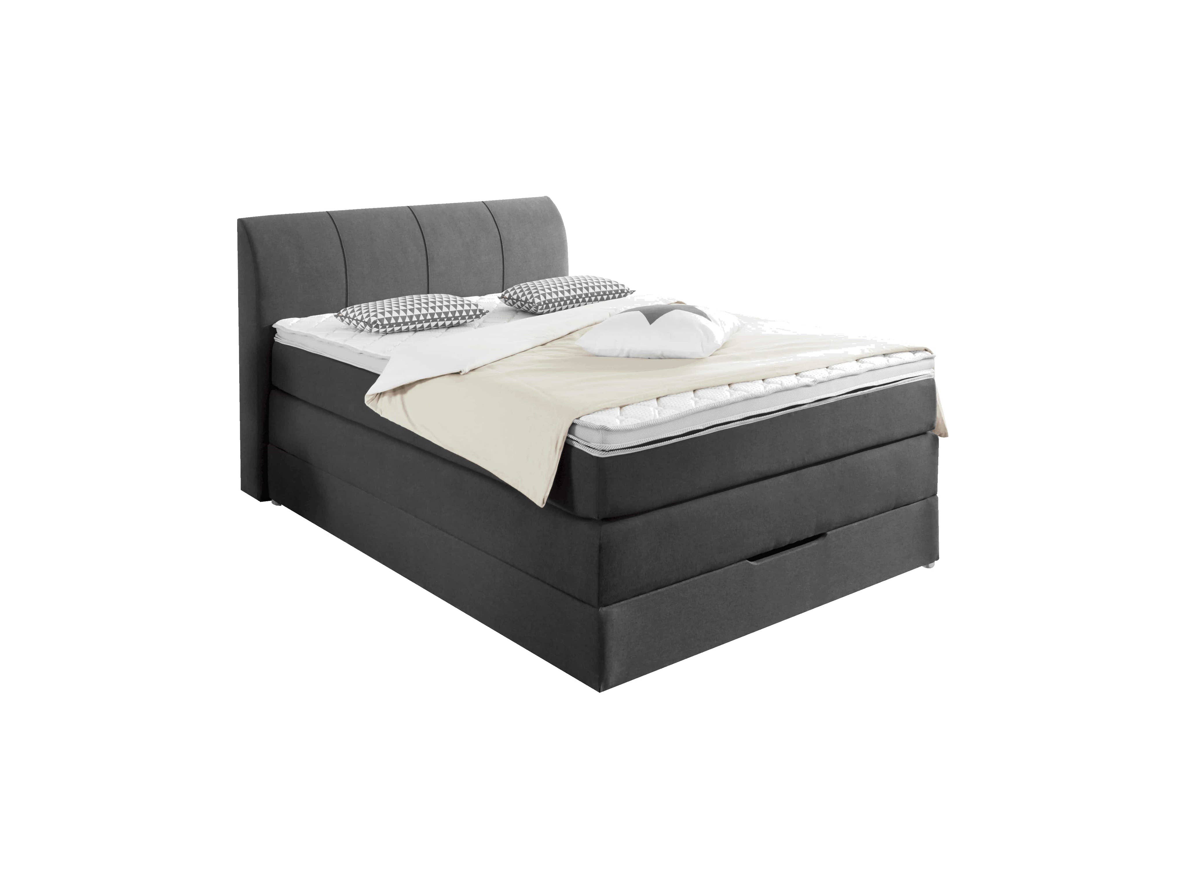 Boxspringbett Kabs Polsterwelt grau mit gepolstertem Kopfteil und zwei Kissen, seitliche Ansicht