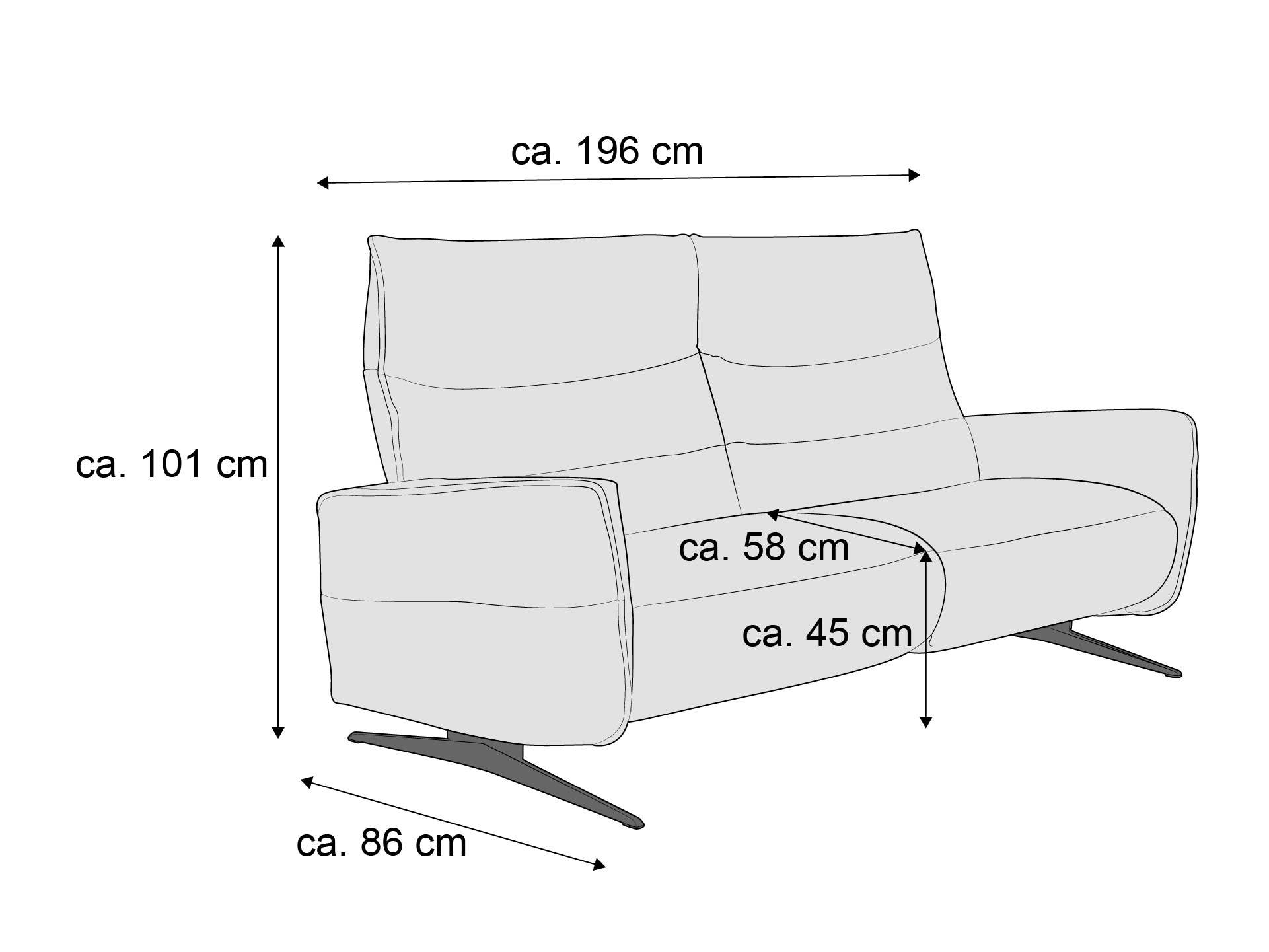 2-Sitzer Sofa mit hohen Armlehnen, gepolsterter Rückenlehne und Metallfüßen, Maße sind angegeben
