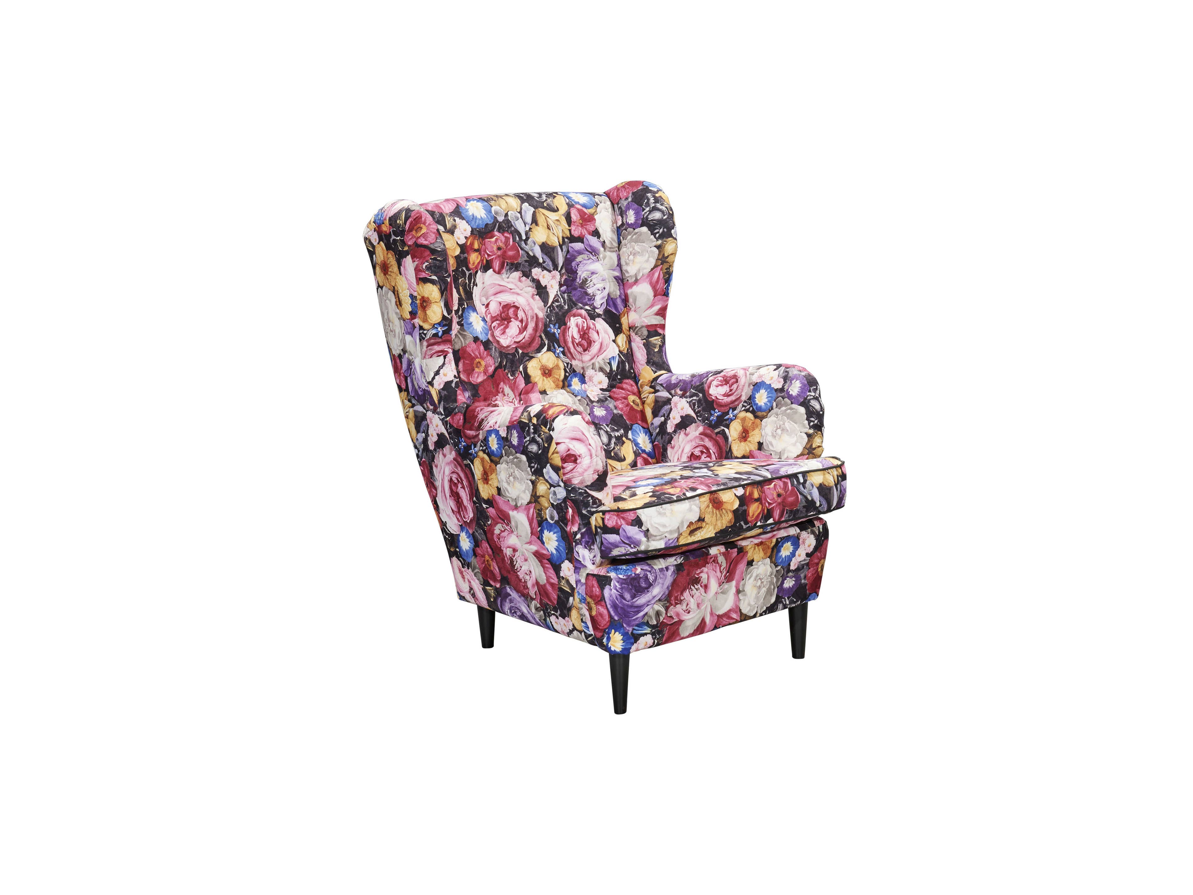Sessel mit hohen Armlehnen und floral gemustertem Stoffbezug, schwarze schmale Füße
