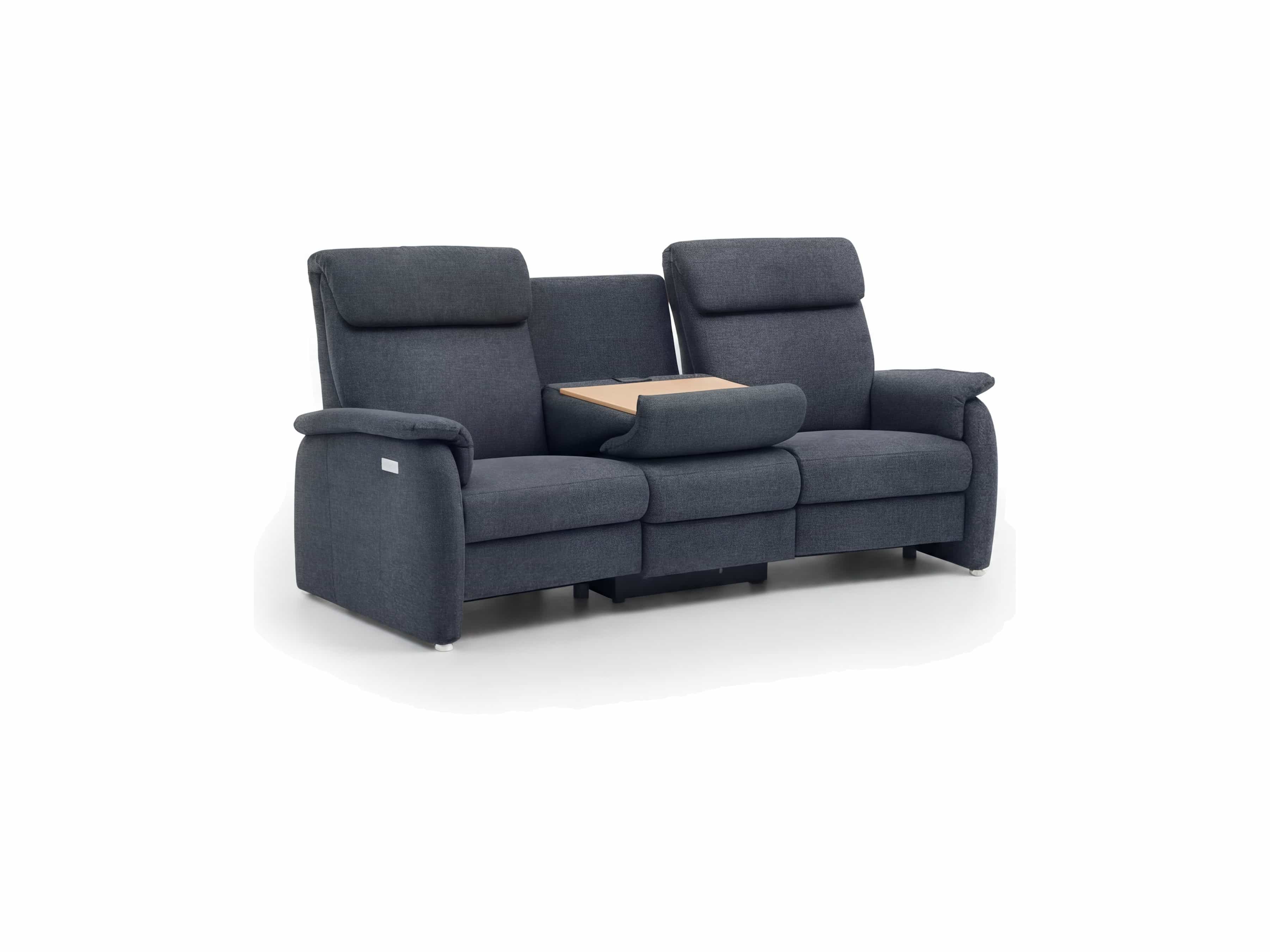 3-Sitzer Sofa Kabs Polsterwelt aus dunkelgrauem Stoff mit Armlehnen, verstellbaren Kopfteilen und Mittelkonsole