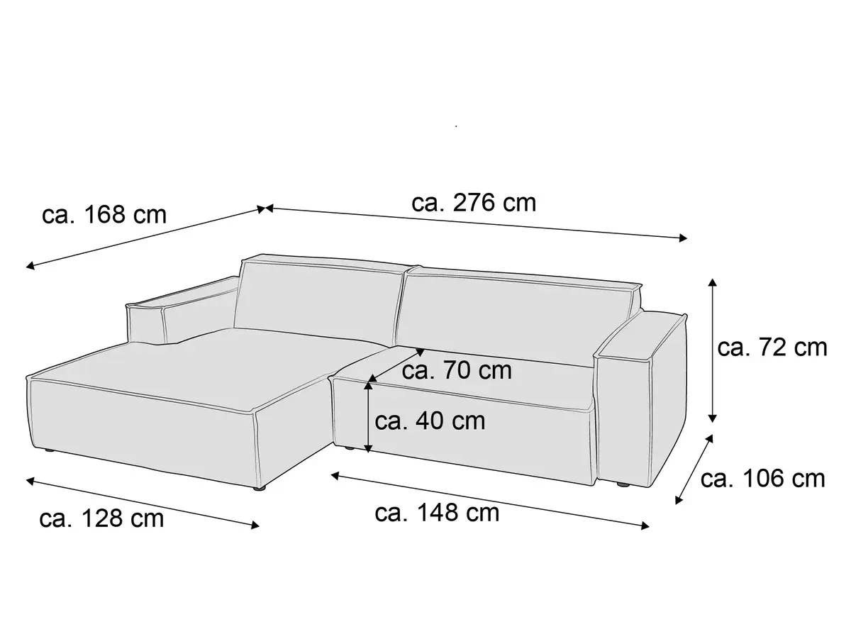 Ecksofa mit Armlehnen und gepolsterter Rückenlehne, Maße und L-Form grafisch dargestellt