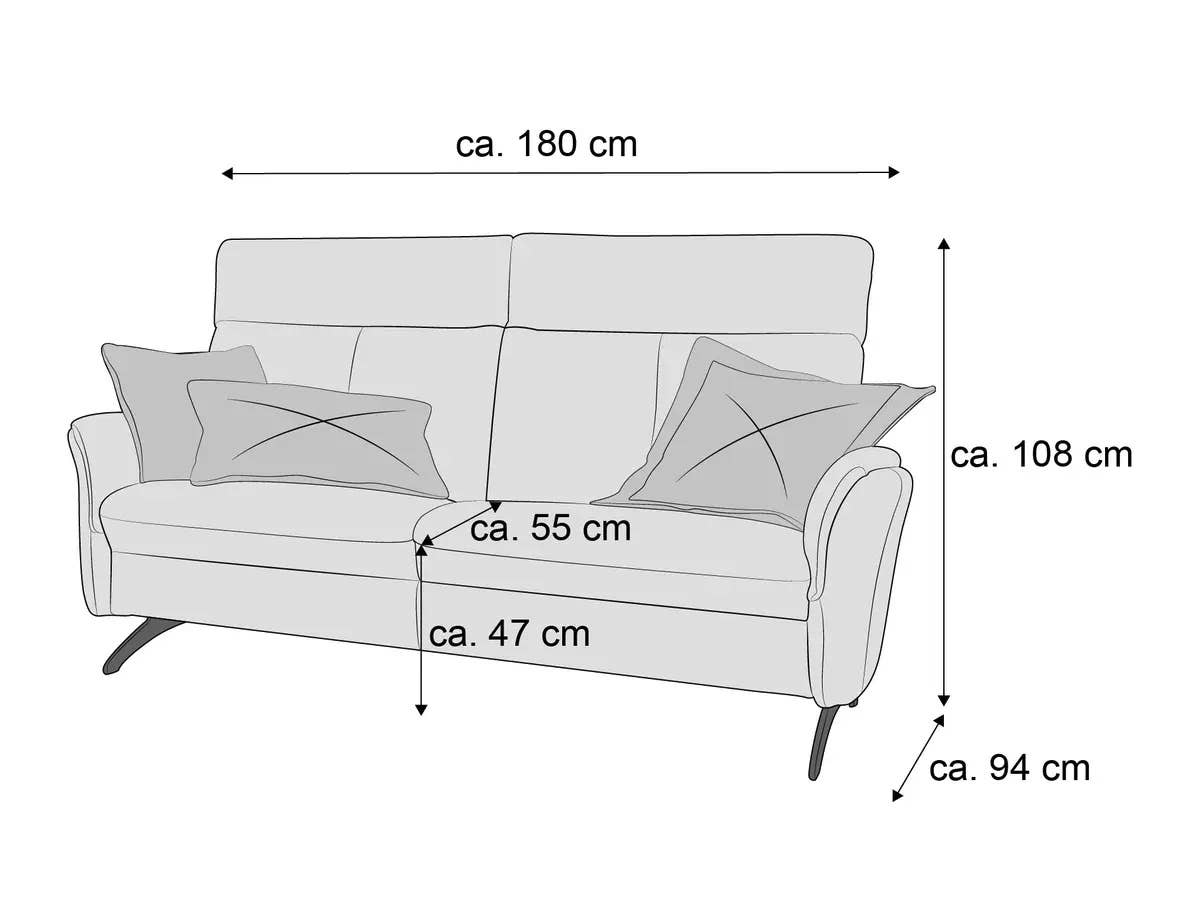 3-Sitzer Sofa mit hohen Armlehnen, gepolstertem Rücken, zwei Kissen, sichtbaren Metallfüßen