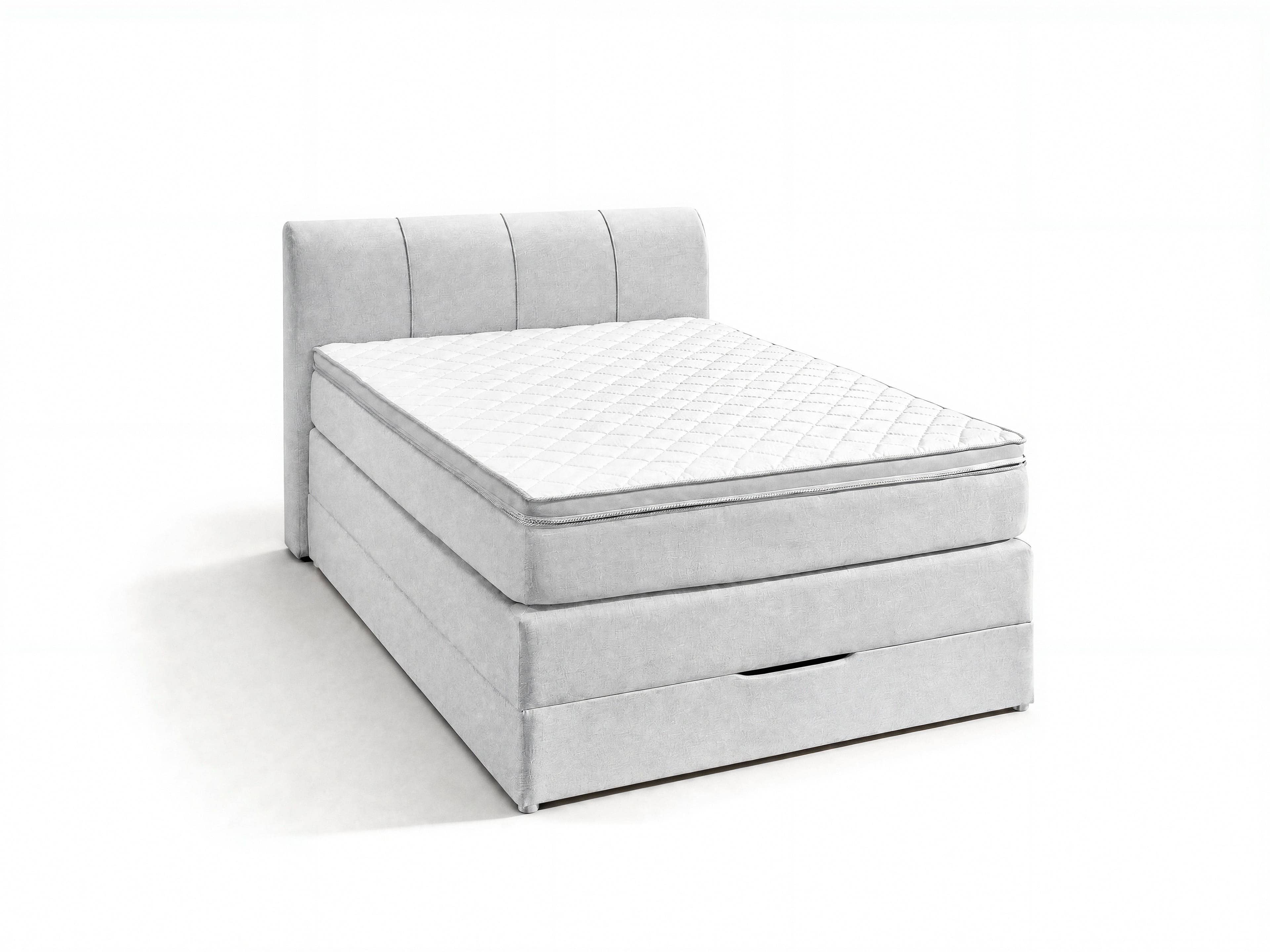 Boxspringbett Kabs Polsterwelt mit hellem Stoffbezug, gepolstertem Kopfteil und sichtbarer Bettlade