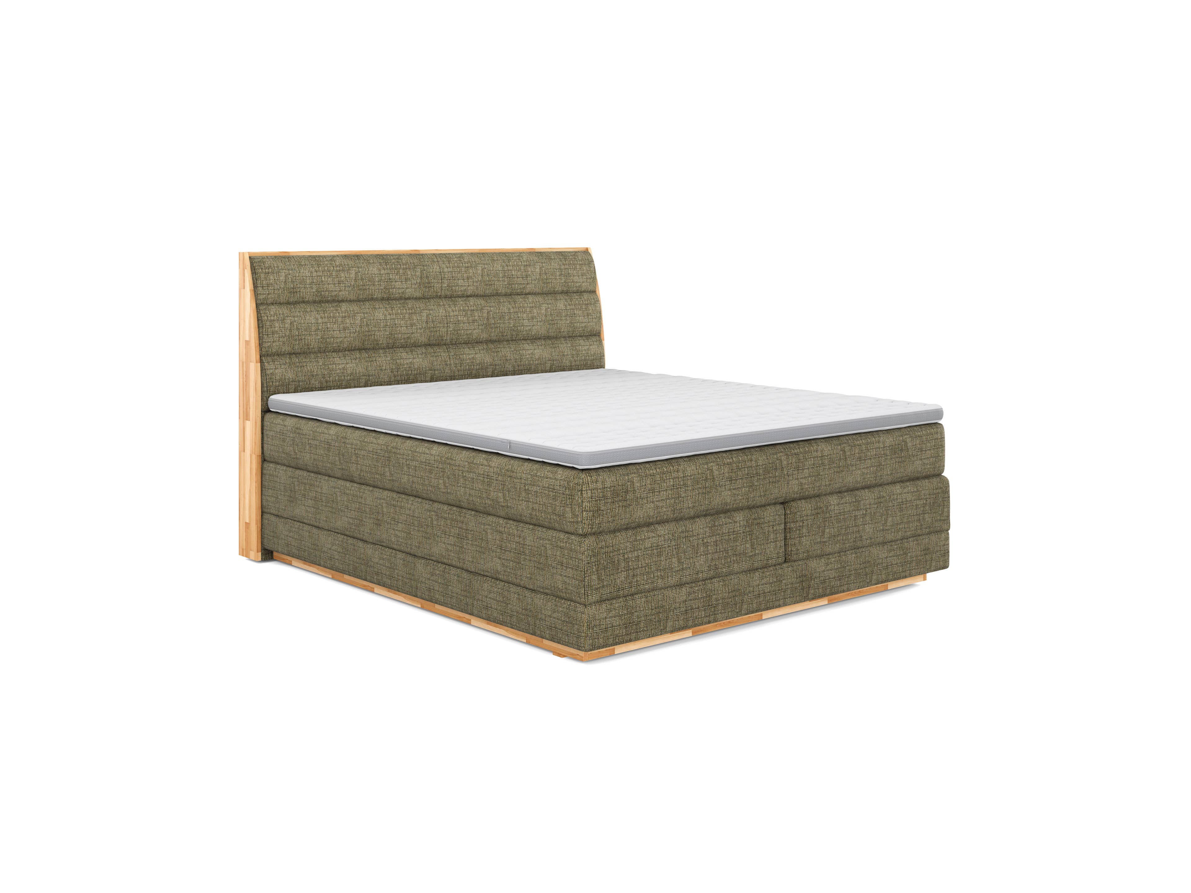 Boxspringbett mit gestepptem Kopfteil in olivgrünem Stoff und Holzrahmen, seitliche Perspektive