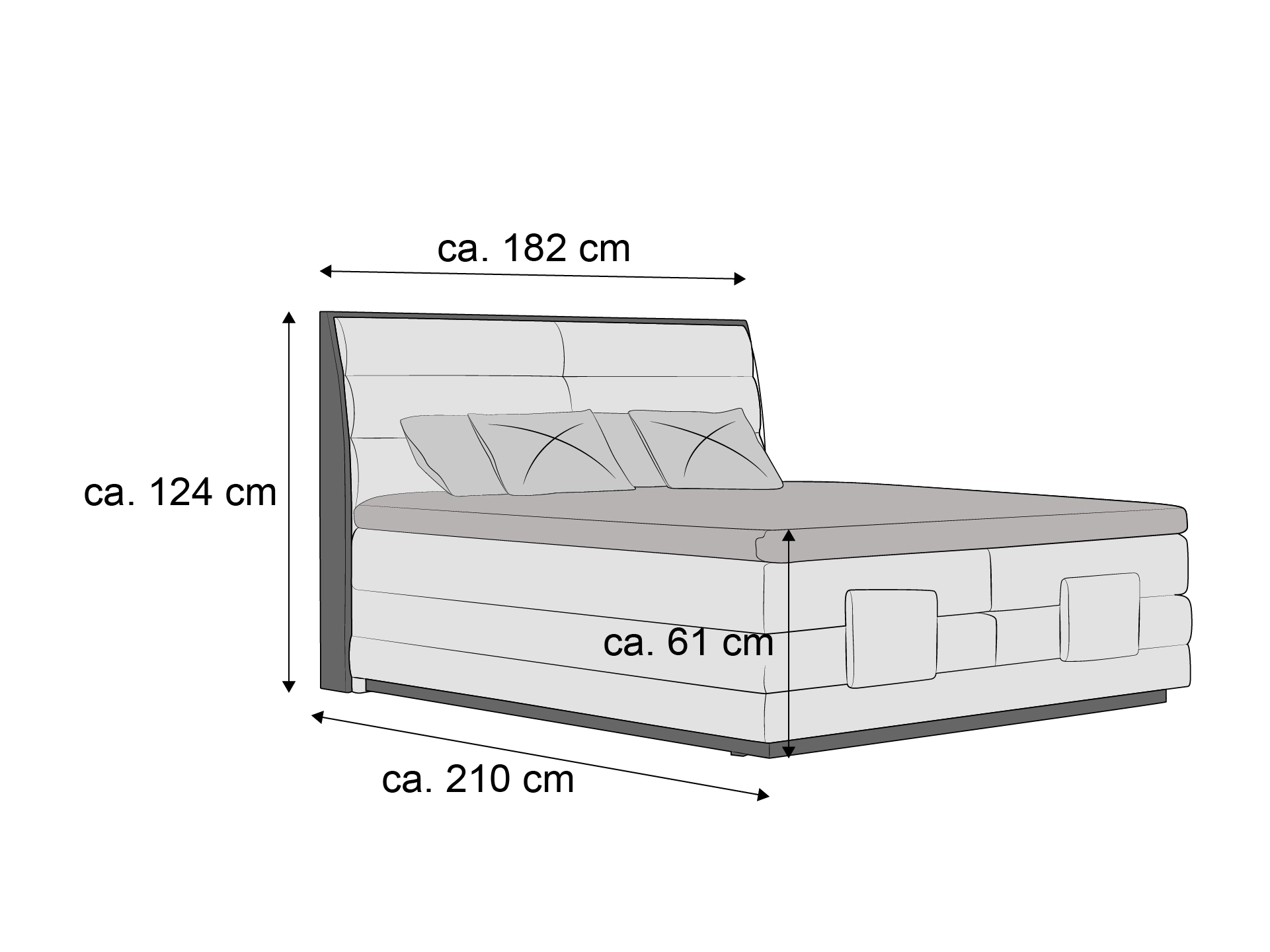 Boxspringbett mit gepolstertem Kopfteil, rechteckiger Form, helles Polster, zwei Kissen