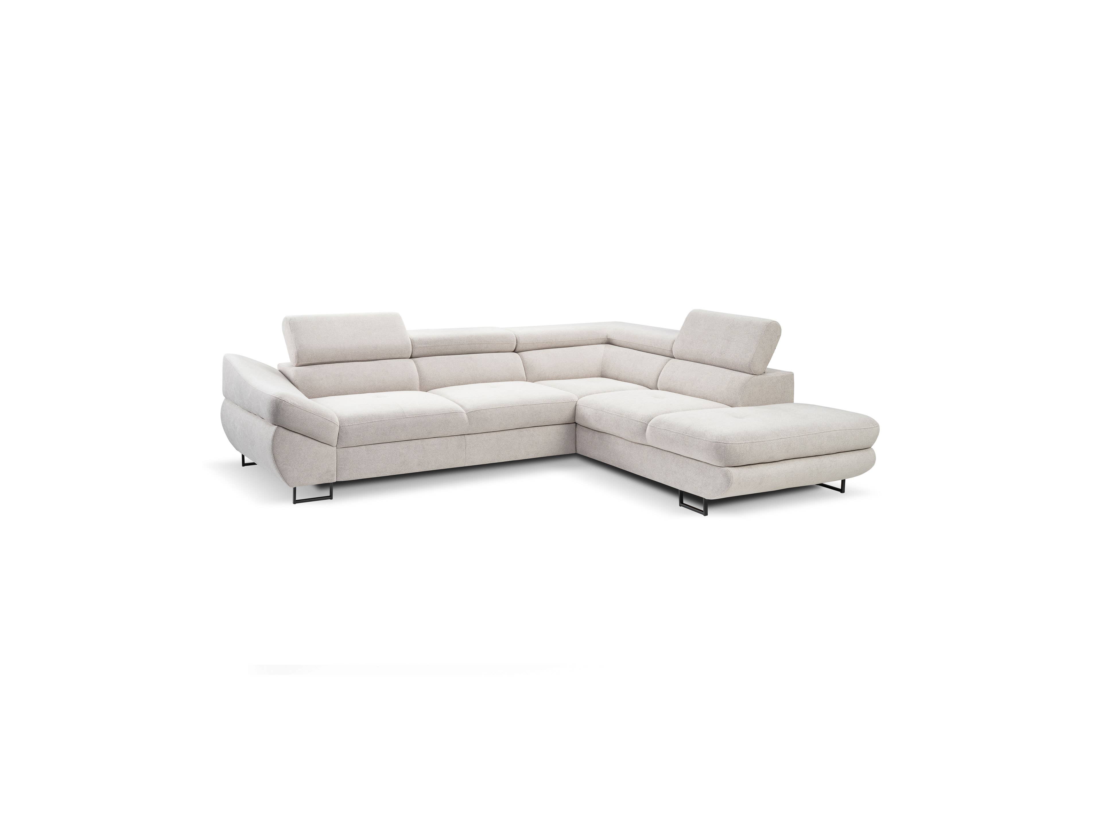 Ecksofa Ameno mit hellem Stoffbezug, breiten Armlehnen, verstellbaren Kopfteilen und schwarzen Metallfüßen