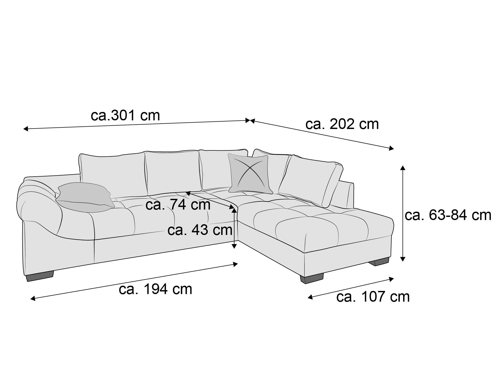 Ecksofa mit gepolsterten Sitzflächen, Armlehnen, Rückenkissen und sichtbaren Maßen in Zentimetern