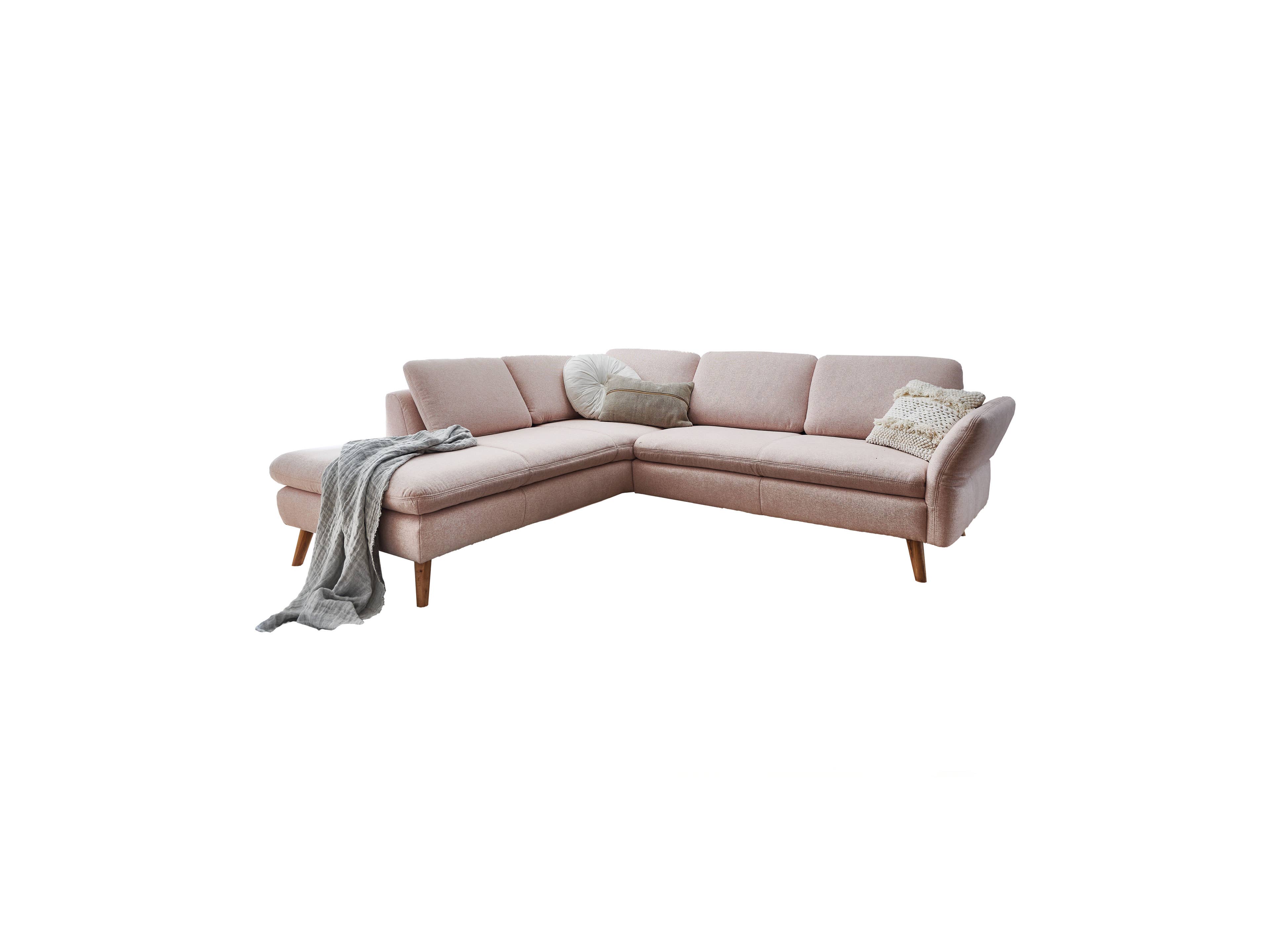 Ecksofa mit rosa Stoffbezug, gepolsterter Rückenlehne, Armlehnen und Holzfüßen, L-Form