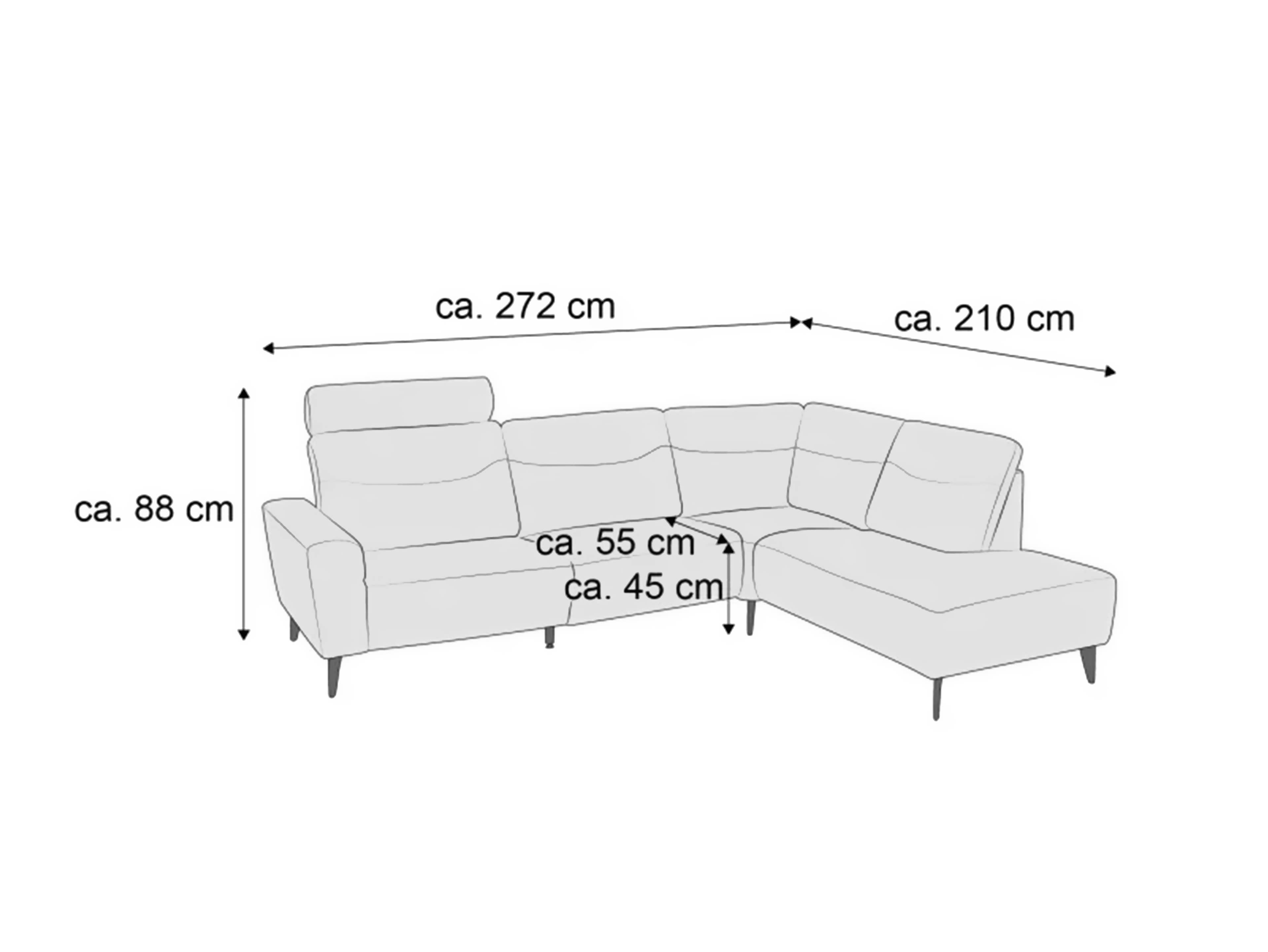 Ecksofa mit Armlehnen, hoher Rückenlehne und schlanken Füßen, in L-Form skizziert, Maße angegeben
