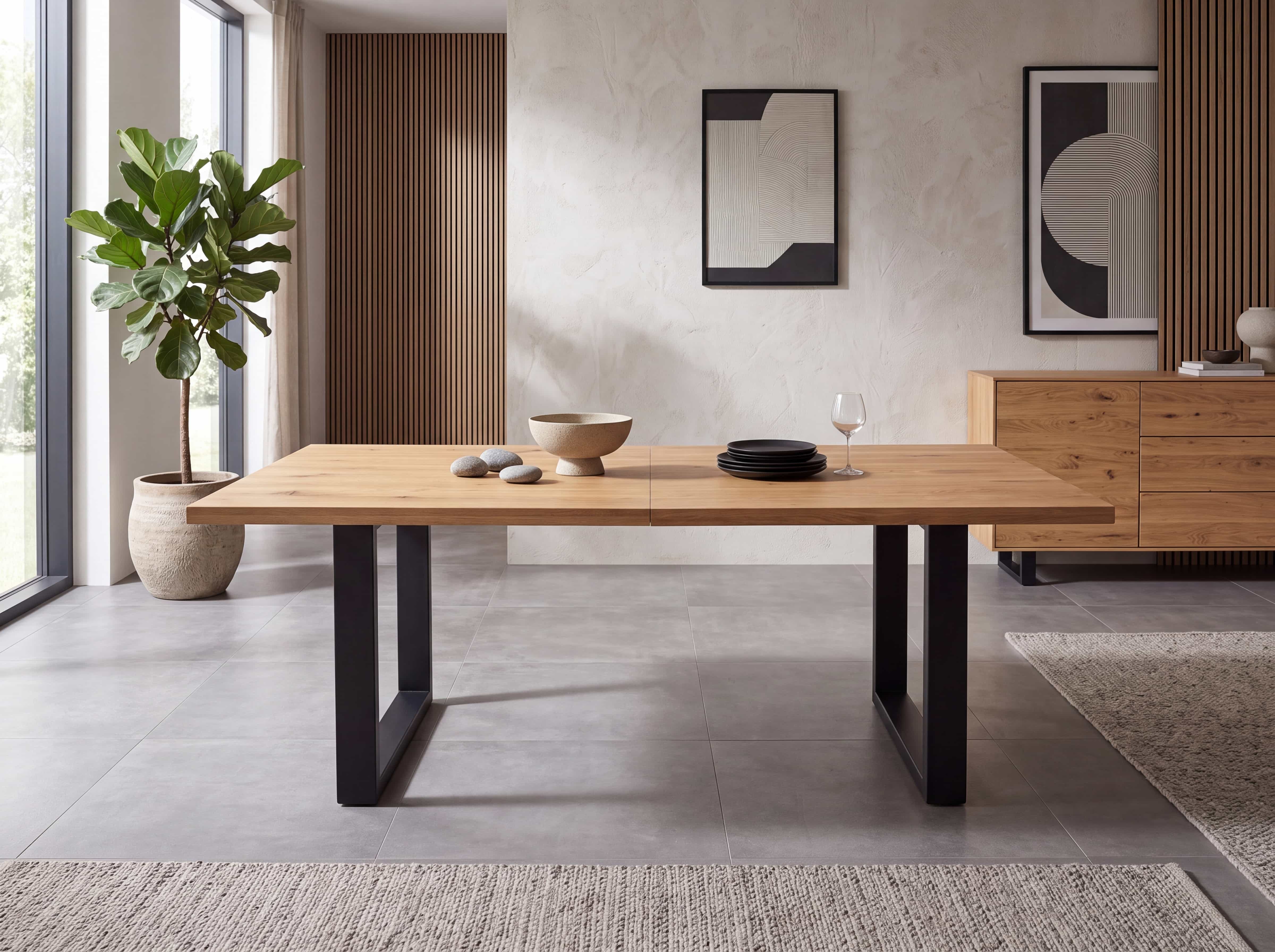 Esstisch mit rechteckiger Holzplatte in heller Eiche und schwarzem Metallgestell, modern gestaltet