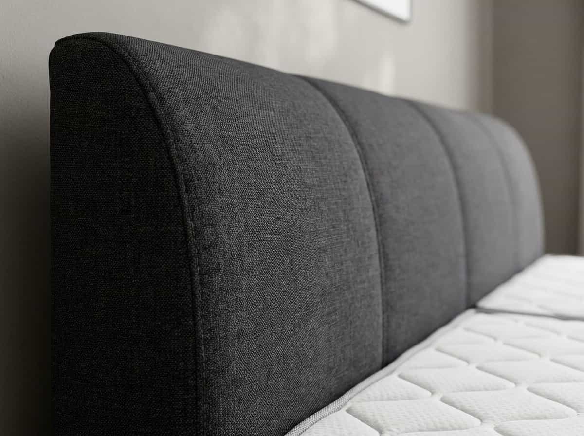 Boxspringbett Semeru – Detailansicht des dunkelgrauen Bezugs mit gepolstertem Kopfteil