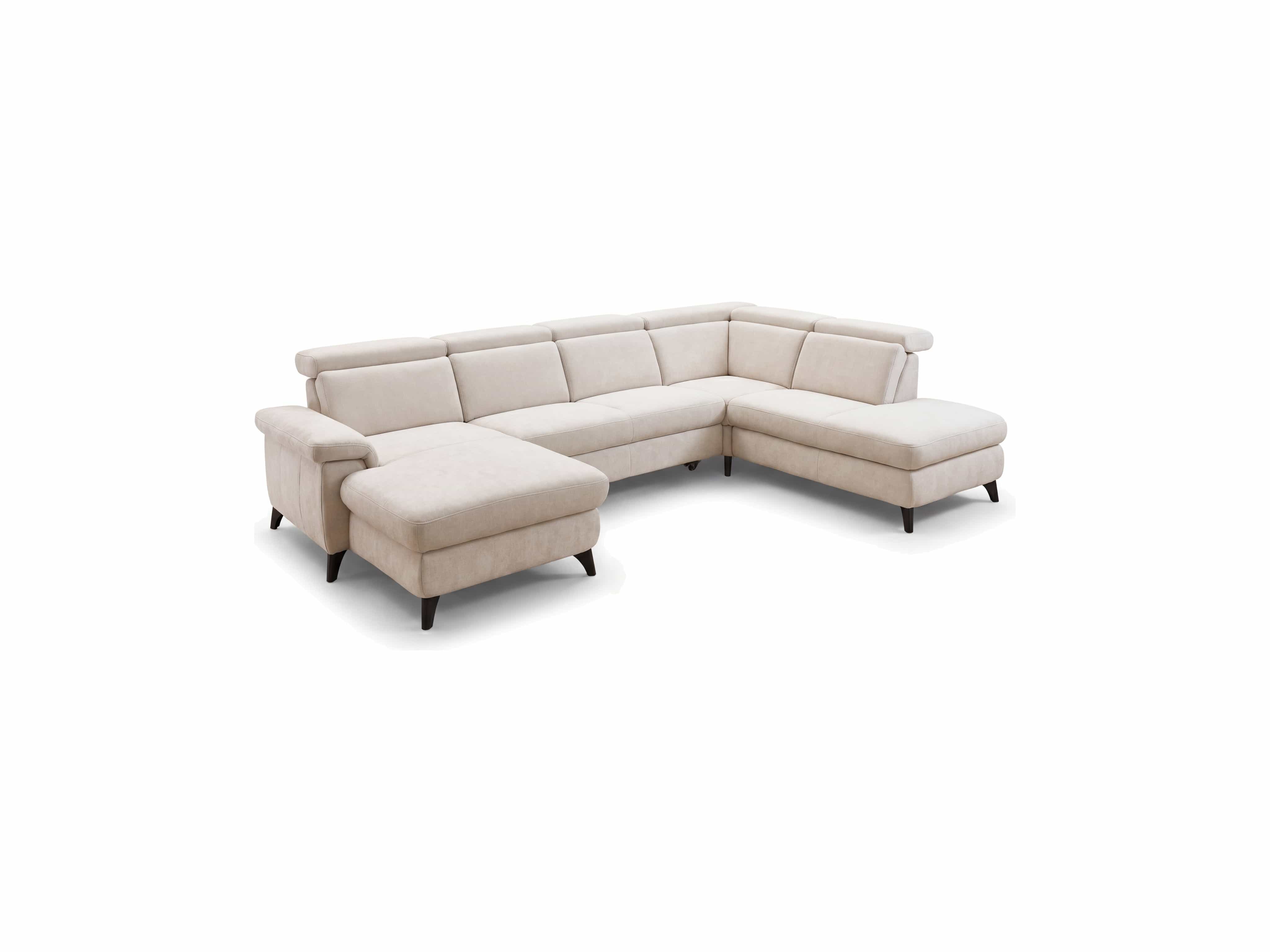Ecksofa Bolzano mit beigem Stoffbezug, gepolsterten Armlehnen und Rückenlehne, dunkle Füße