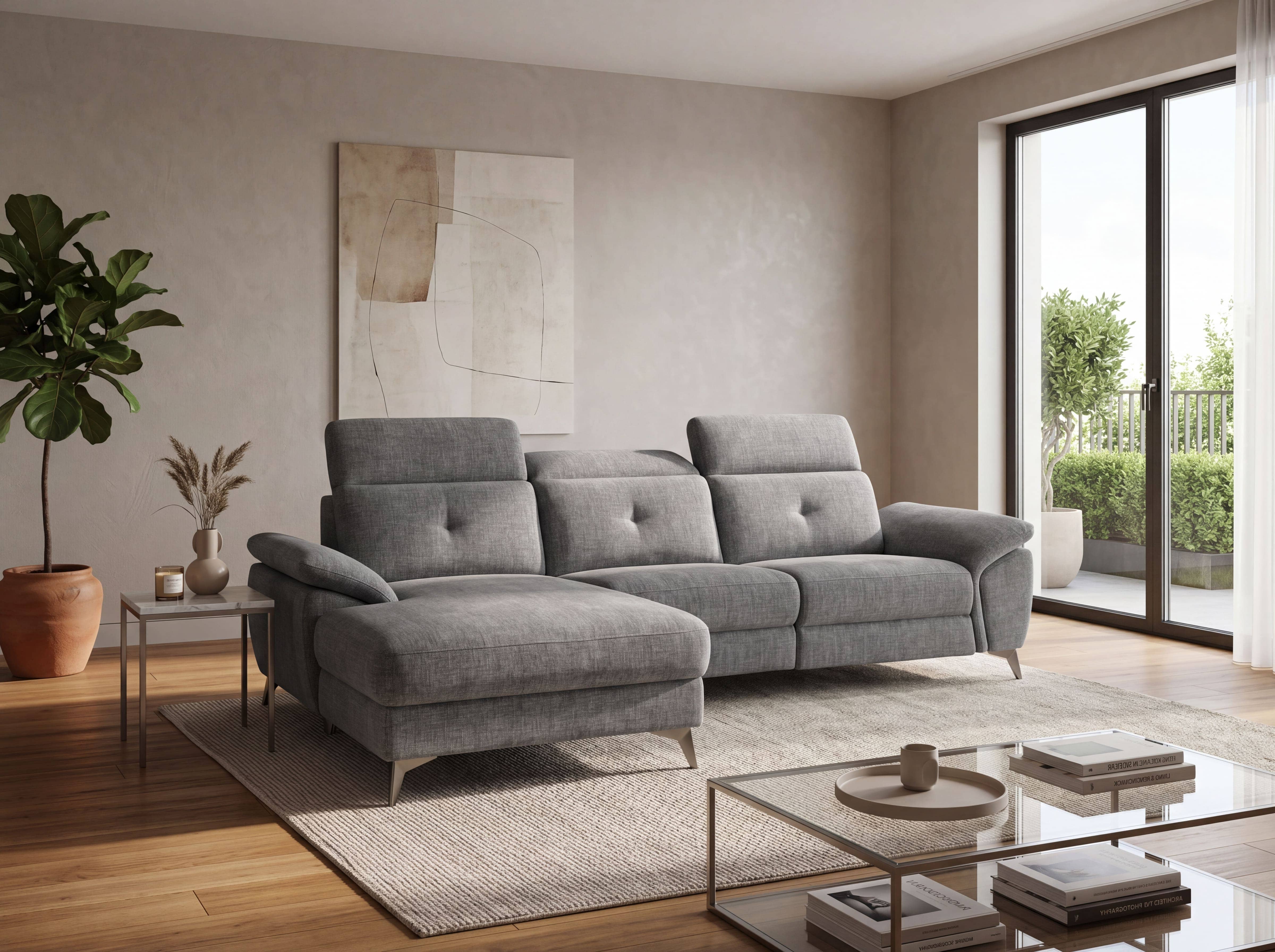 Ecksofa Kabs Polsterwelt mit grauem Stoffbezug, verstellbaren Kopfteilen und Metallfüßen