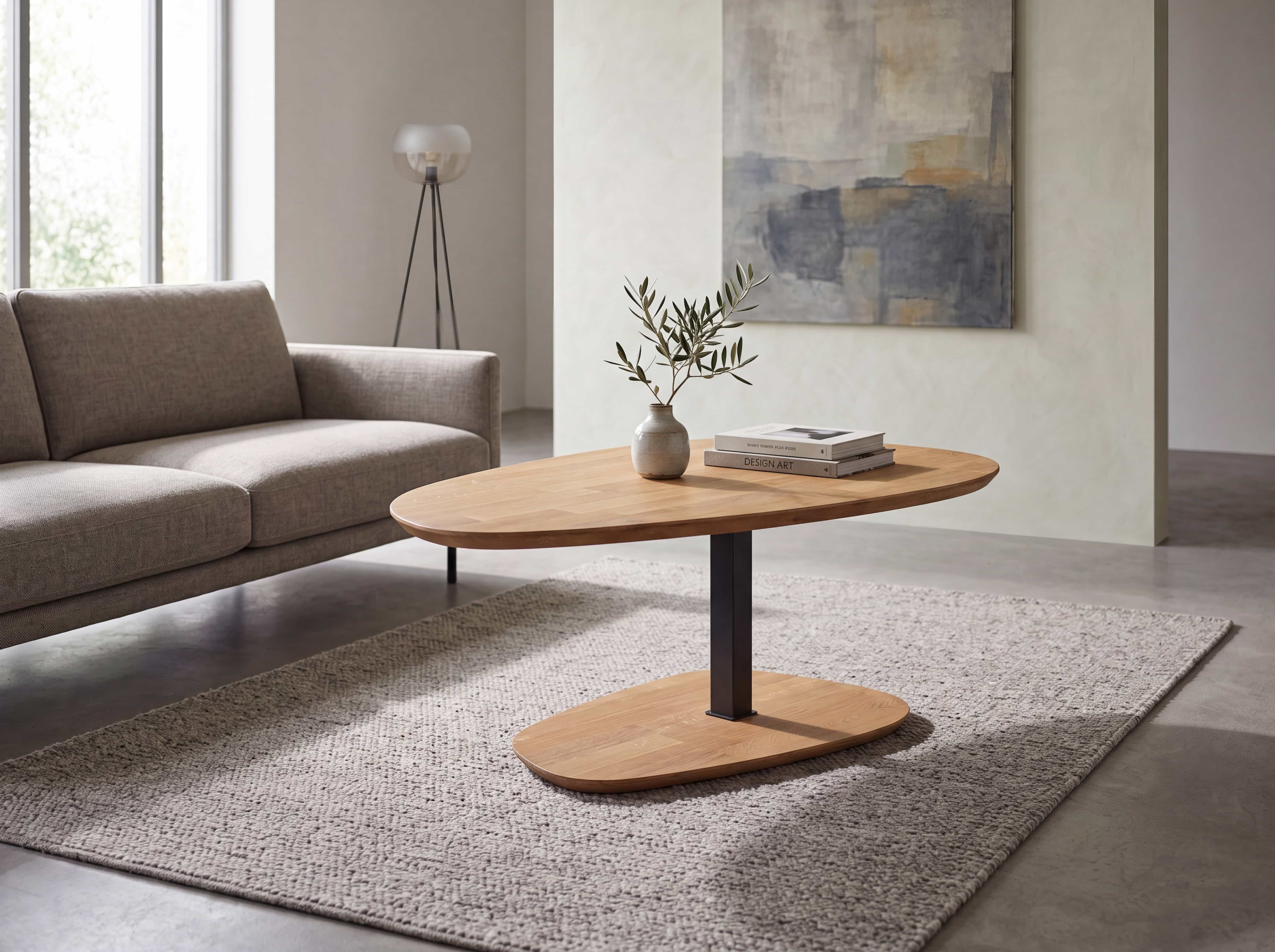 Couchtisch Kabs mit ovaler Holzplatte, schwarzem Mittelfuß und passender Holz-Bodenplatte