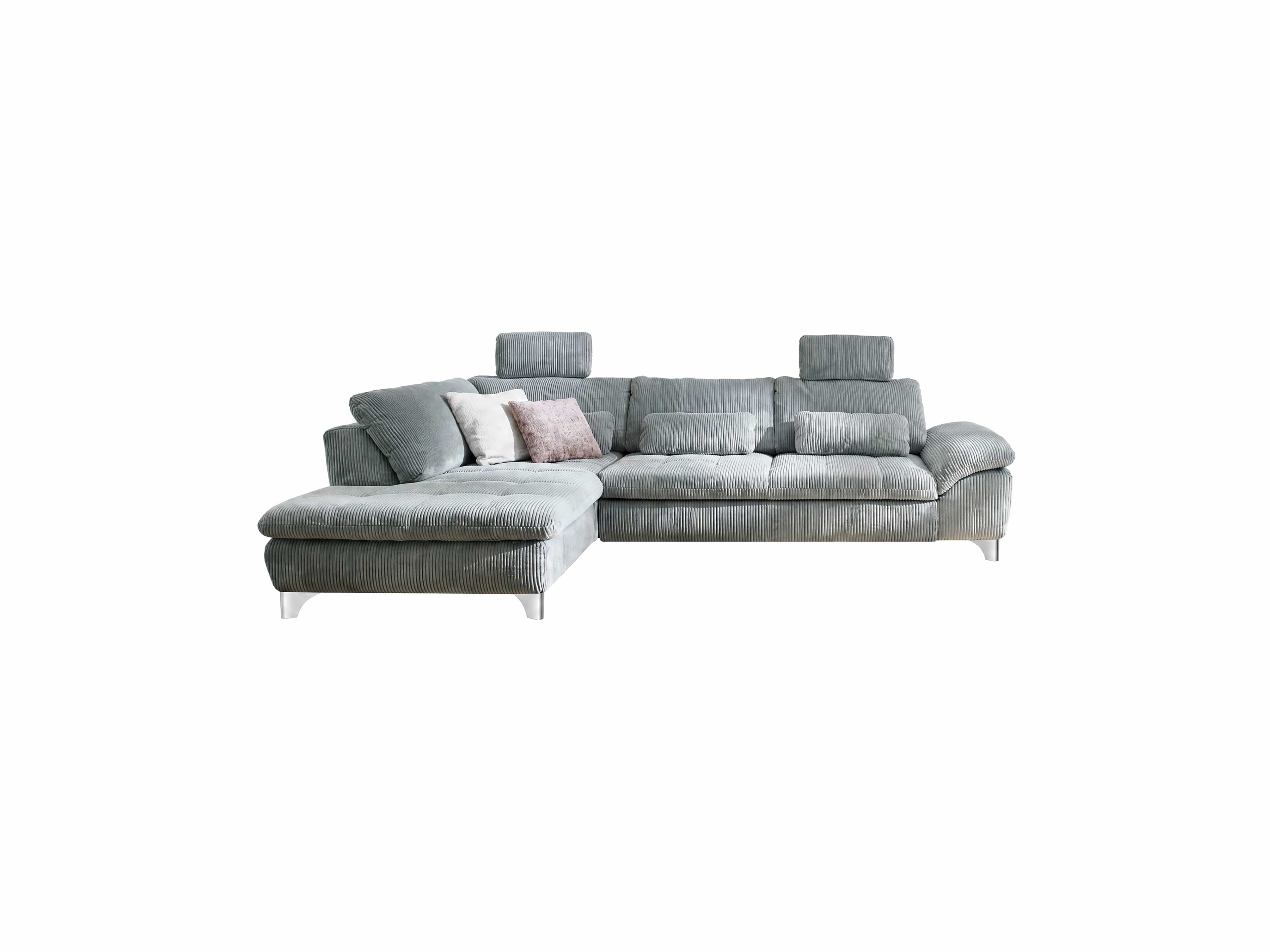 Ecksofa mit grauem Cordbezug, linksseitiger Ottomane, gepolsterten Armlehnen und verstellbaren Kopfstützen