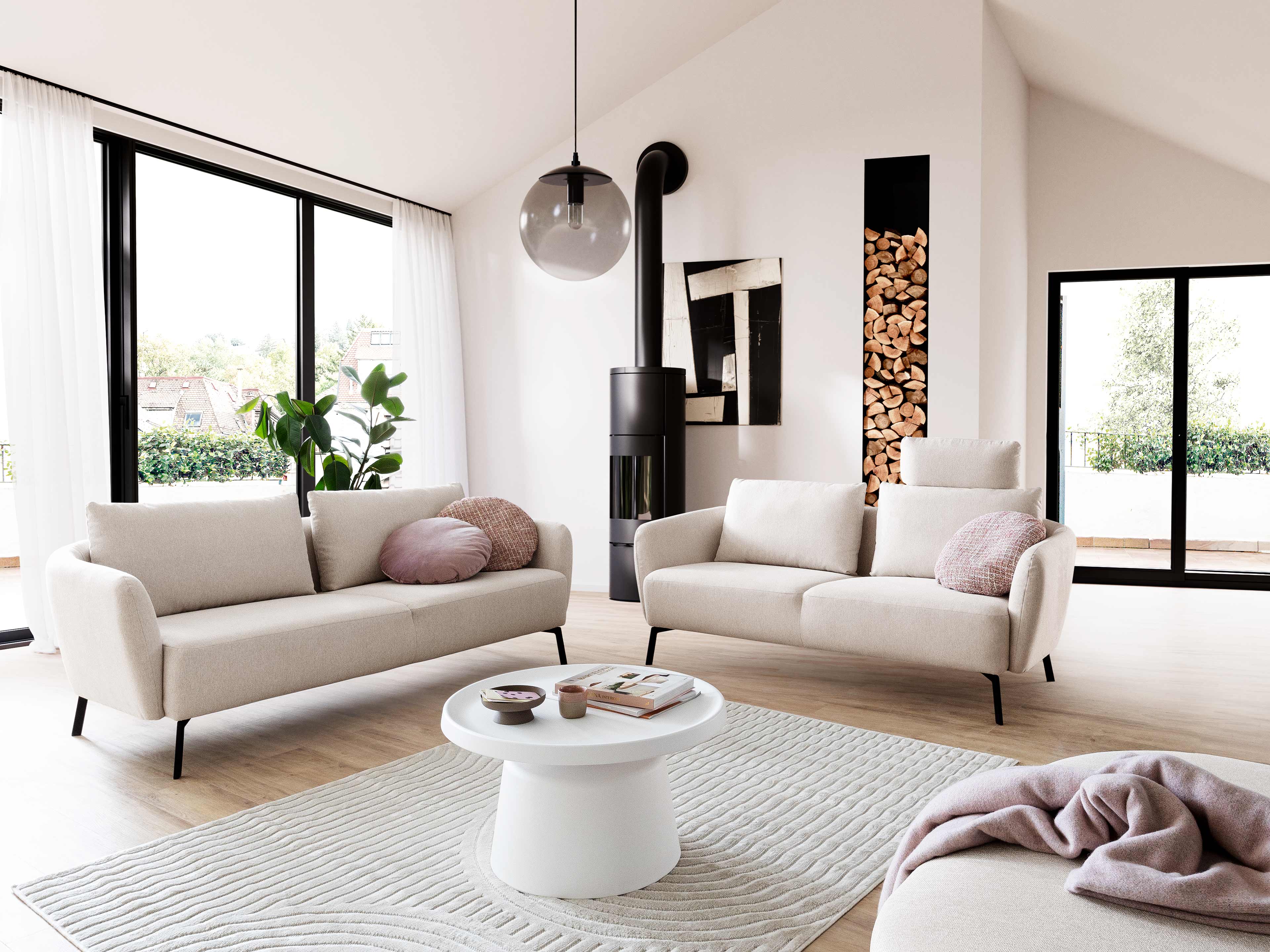 2-Sitzer und 3-Sitzer Sofa Kabs Polsterwelt, Stoffbezug in Beige, Armlehnen, schmale schwarze Füße
