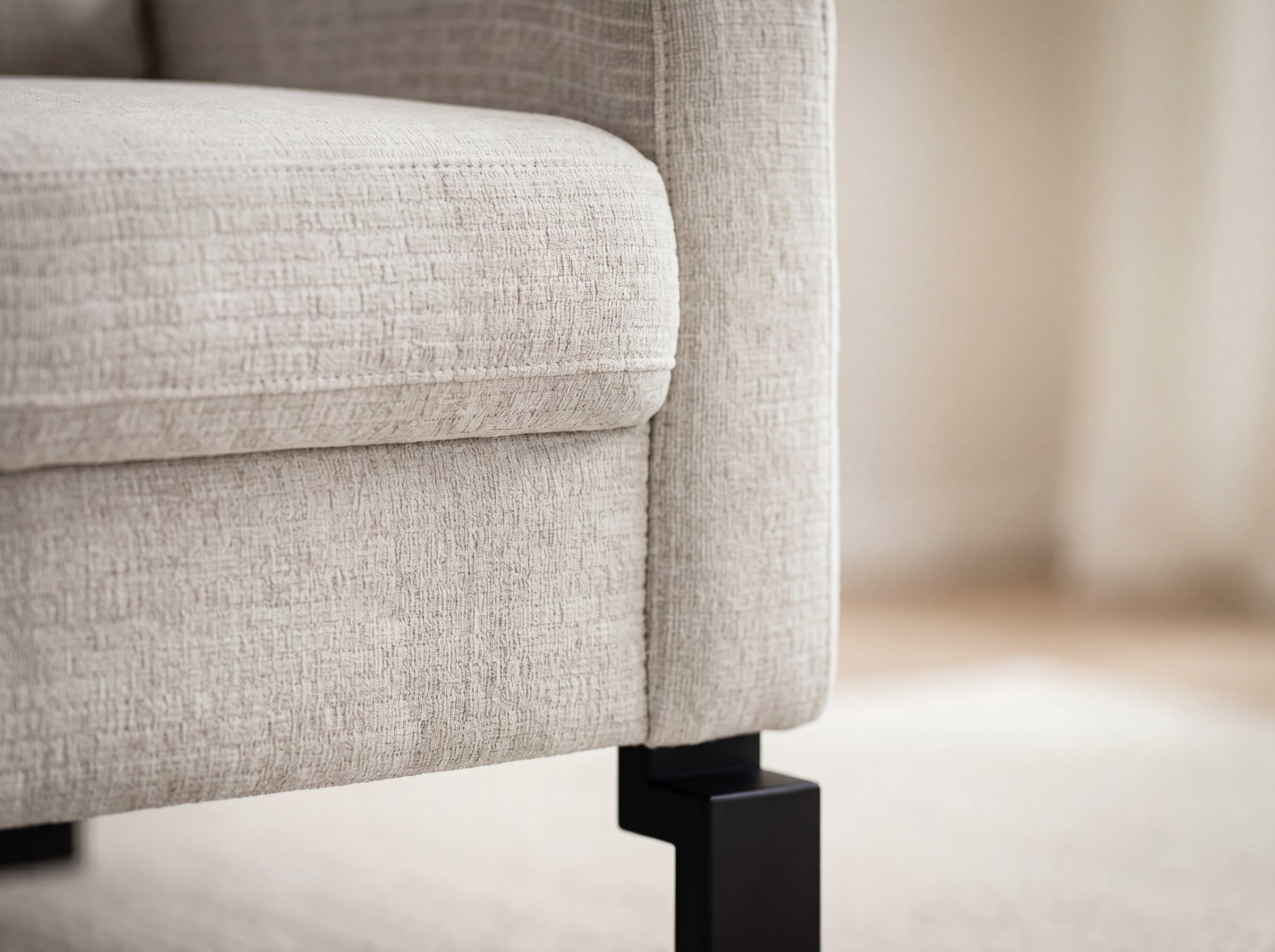 Detailansicht Sofaecke mit heller Stoffpolsterung und schwarzem Metallfuß, strukturierte Oberfläche