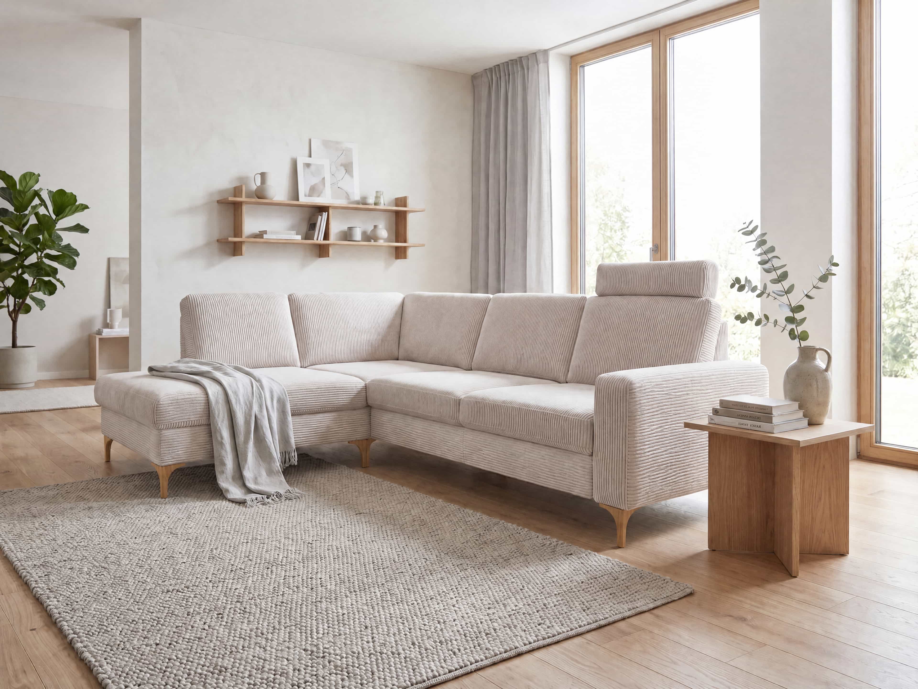 Ecksofa Kabs Polsterwelt in L-Form mit hellem Stoffbezug, hoher Rückenlehne und Holzfüßen