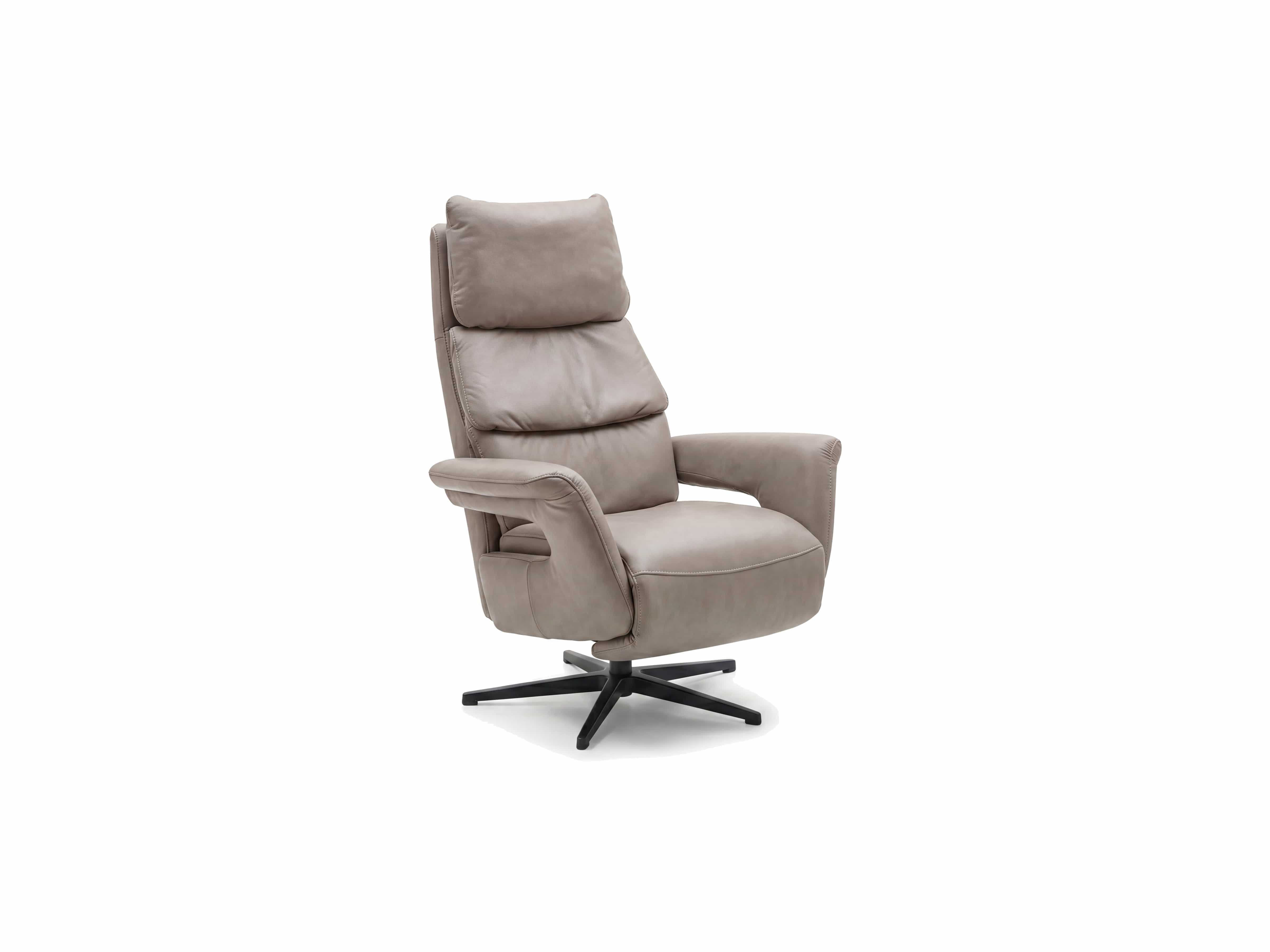 Relaxsessel mit hoher Rückenlehne aus taupefarbenem Leder und schwarzen Metallfüßen, seitliche Ansicht