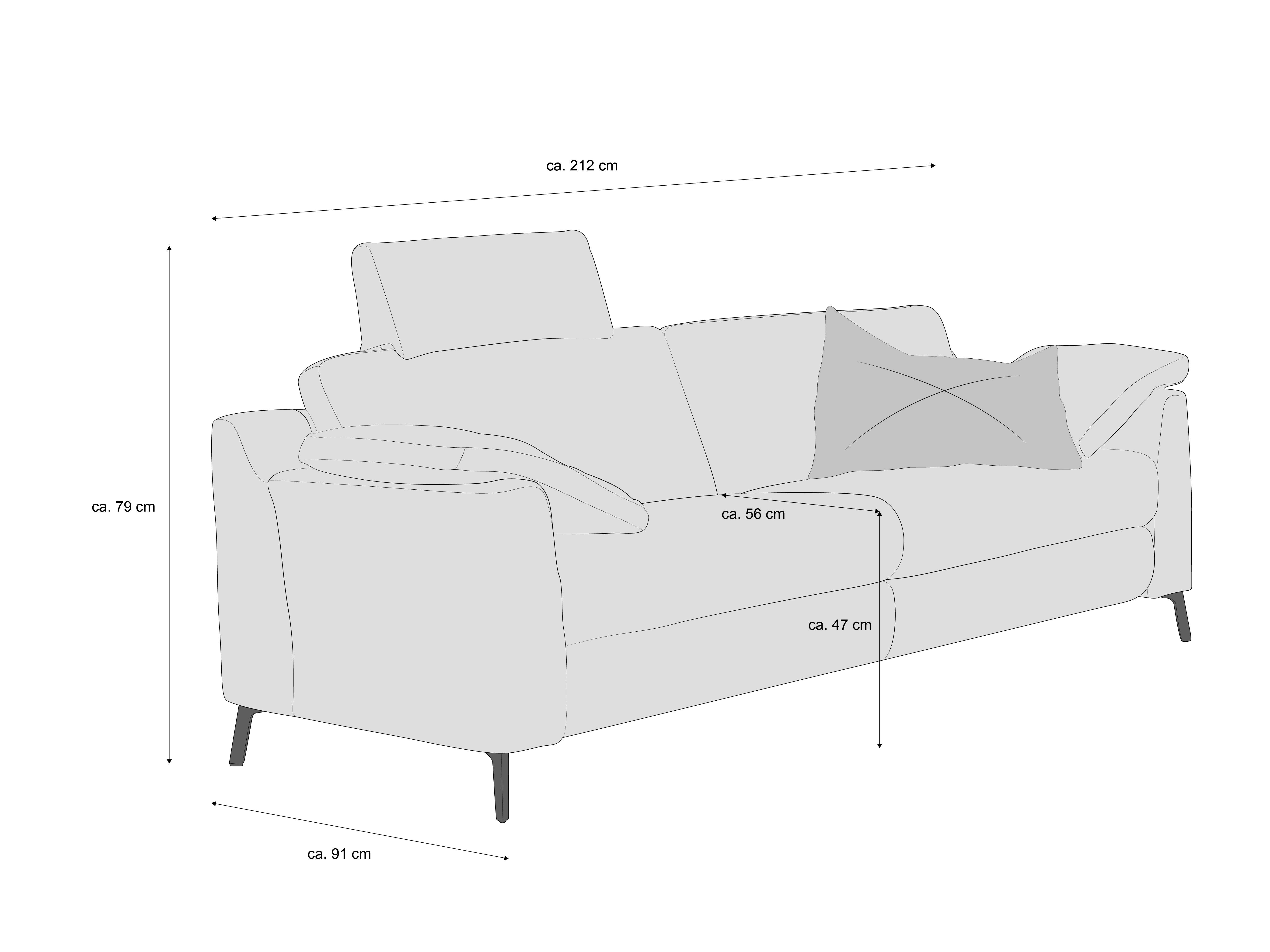 2-Sitzer-Sofa mit Stoffbezug in hellem Ton, Rückenlehne, Armlehnen, rechteckige Form, schwarze Füße