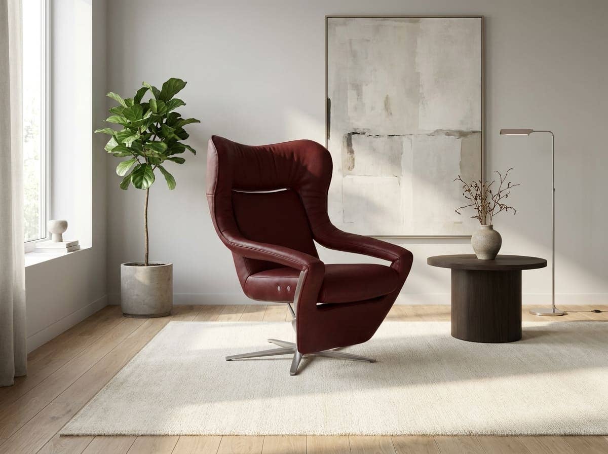 Drehbarer Relaxsessel mit hoher Rückenlehne, Lederbezug in dunklem Rot und Metallfuß.