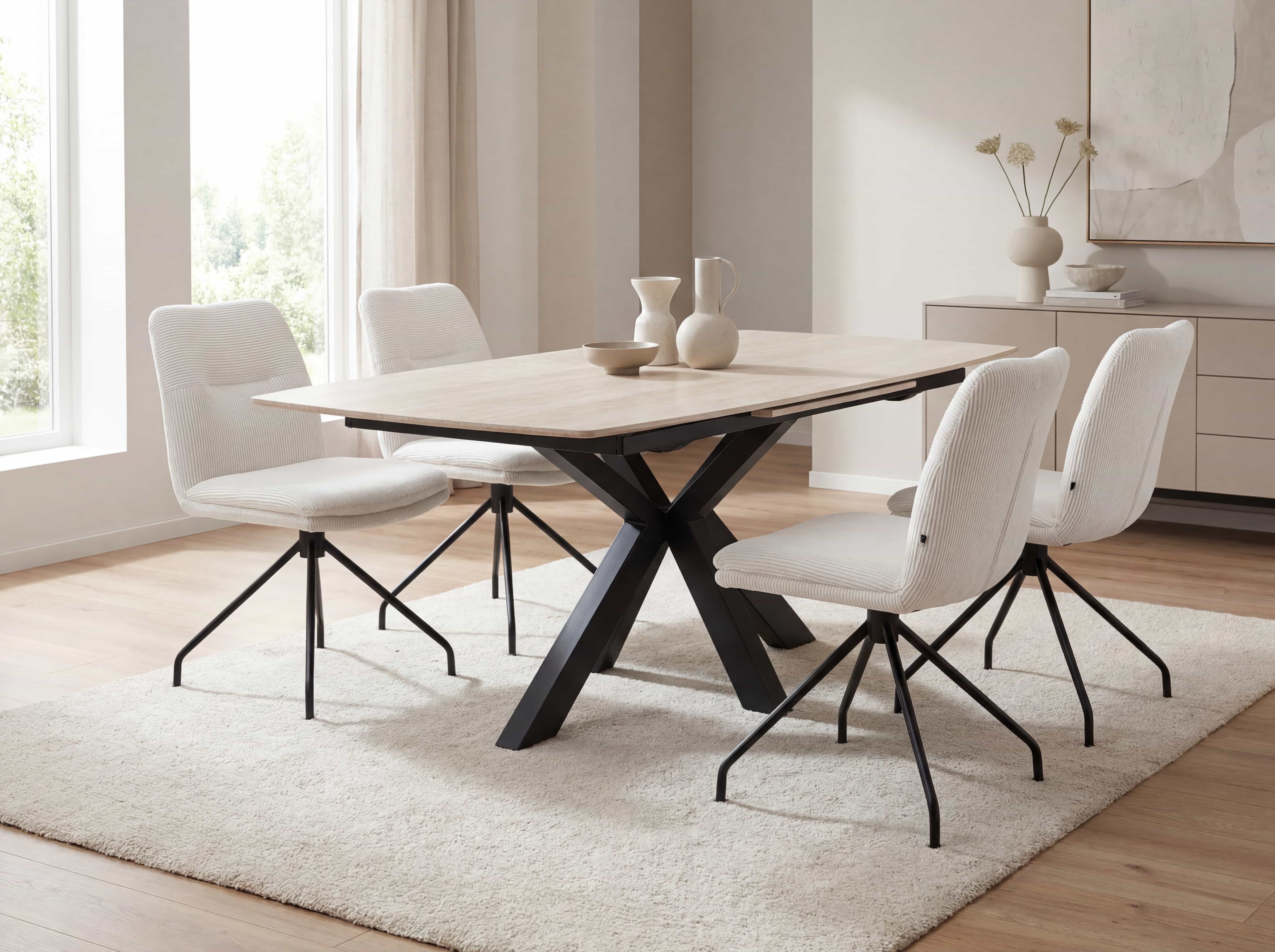 Esstisch mit rechteckiger Holzplatte und schwarzem Metallkreuzgestell, vier gepolsterte Stühle.