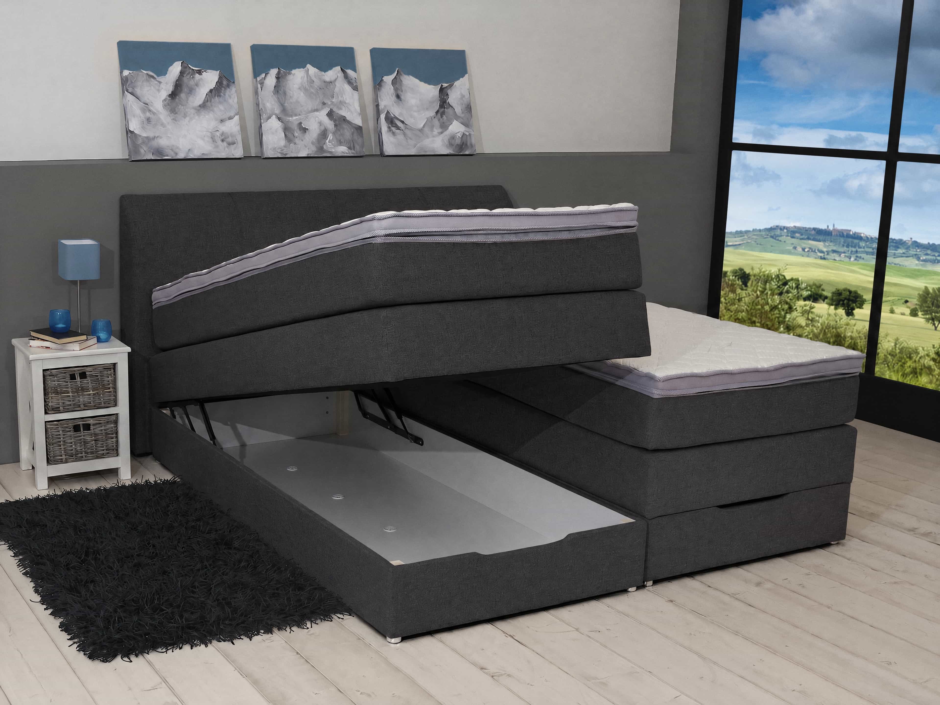 Boxspringbett Semeru – dunkelgrauer Bezug, Kopfteil, in geöffnetem Zustand mit sichtbarem Bettkasten