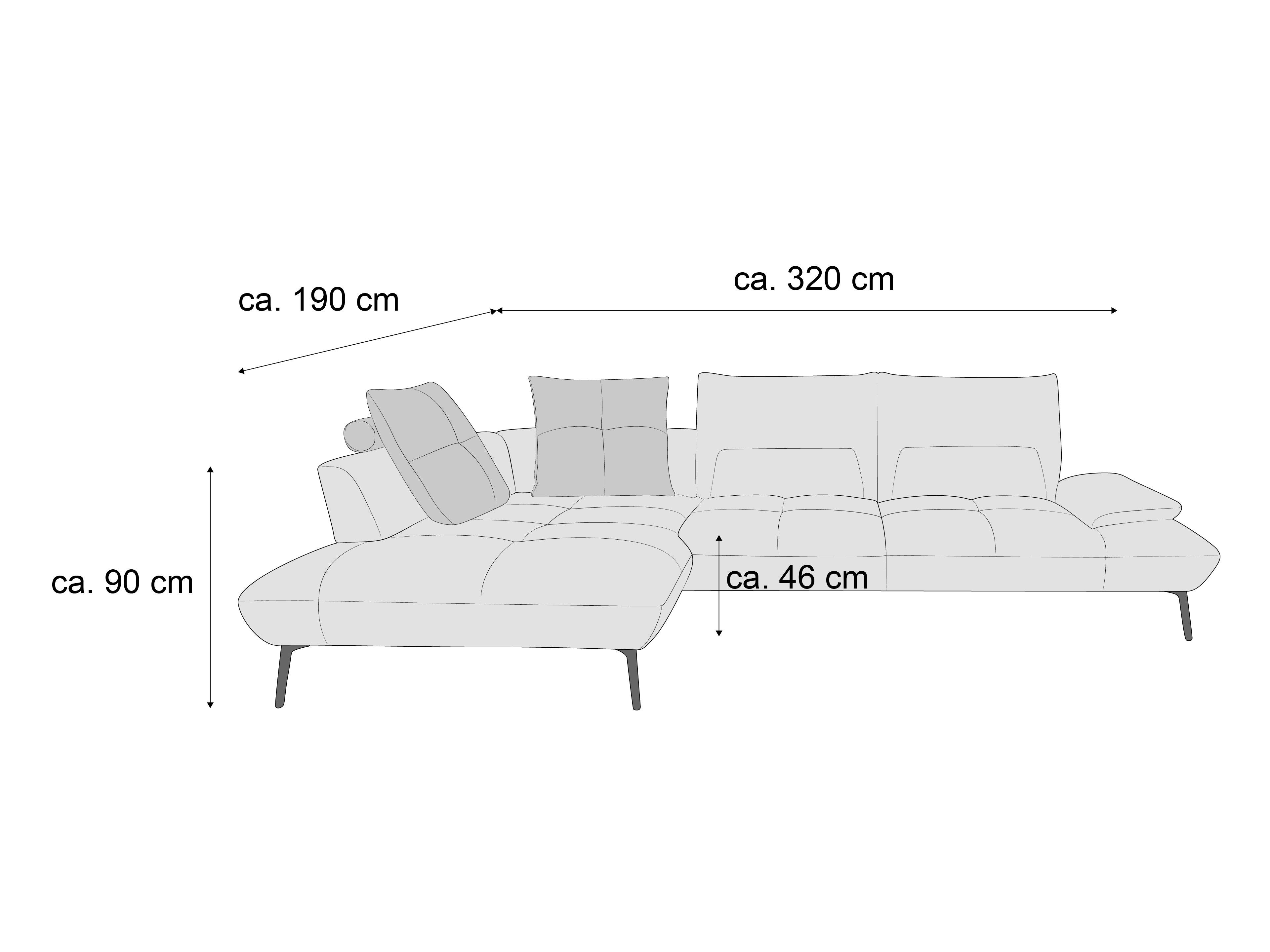Ecksofa mit Stoffbezug, sichtbaren Steppnähten, gepolsterter Rückenlehne und Metallfüßen