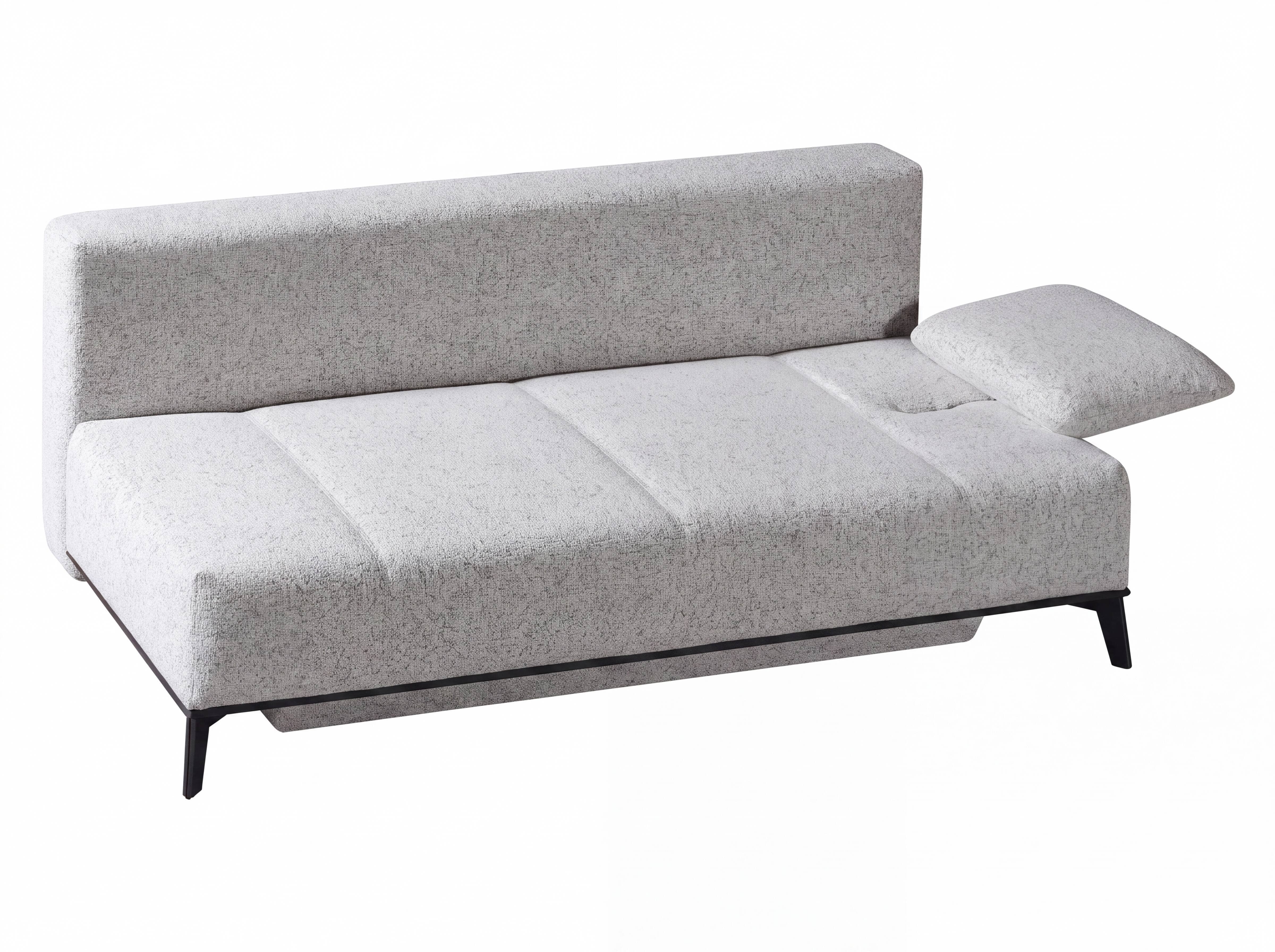 Schlafsofa Liv in heller Stoffoptik mit rechter, abklappbarer Rückenlehne und schwarzen Füßen