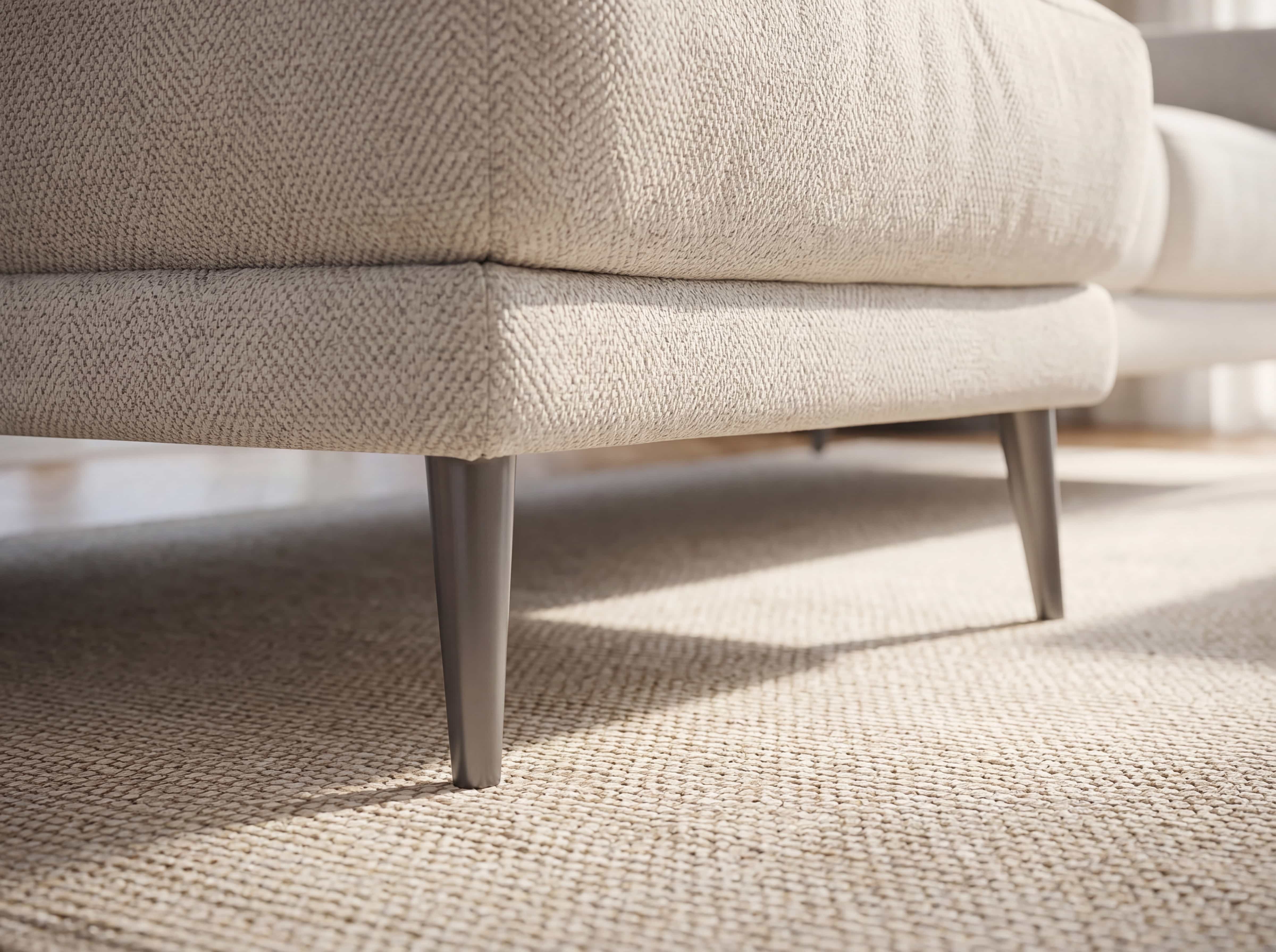 Beiges Sofa mit Stoffbezug, abgerundeter Polsterung und konischen, dunklen Metallfüßen
