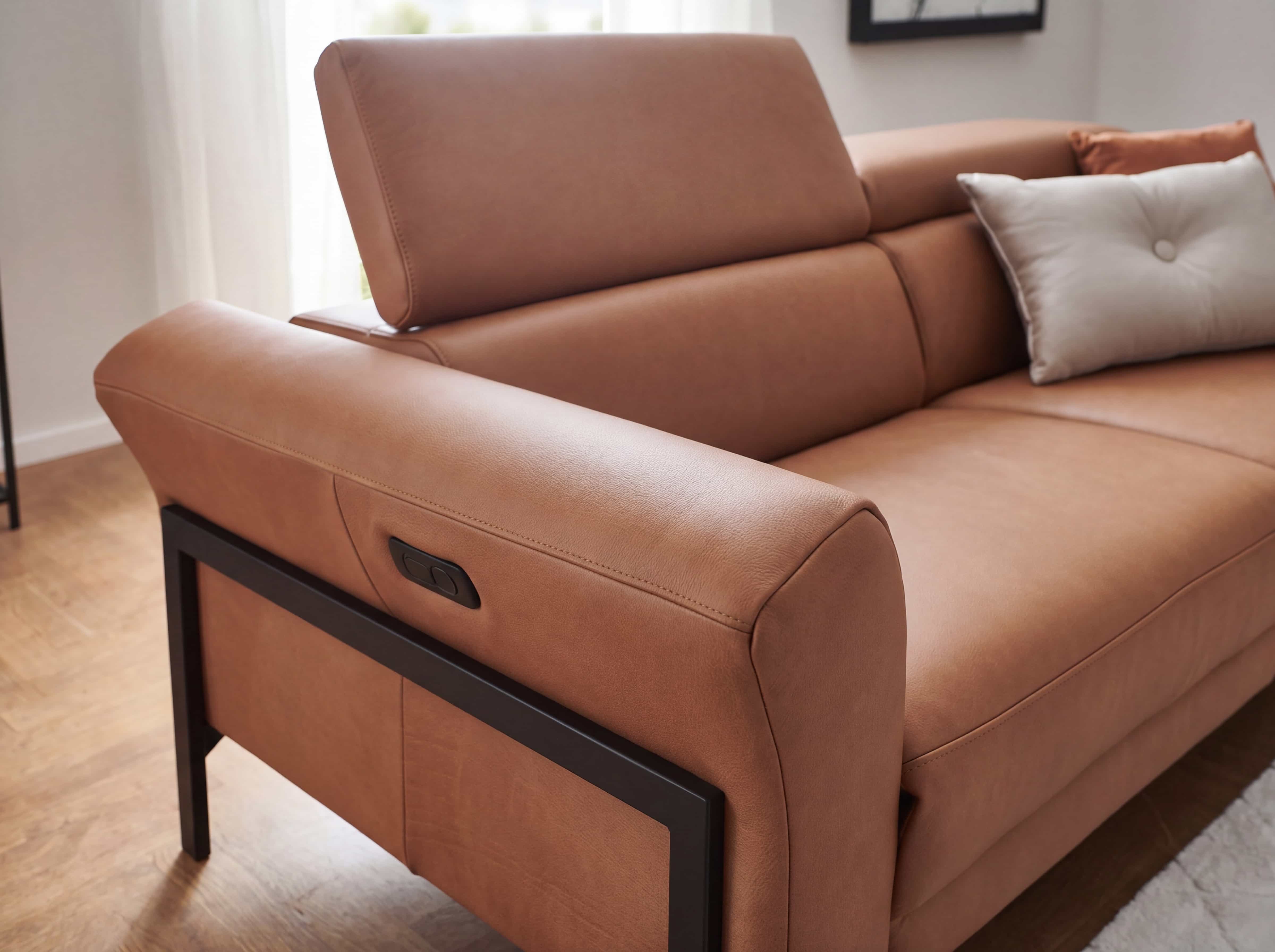 Ecksofa mit cognacfarbenem Lederbezug, verstellbarer Kopfstütze und schwarzem Metallgestell