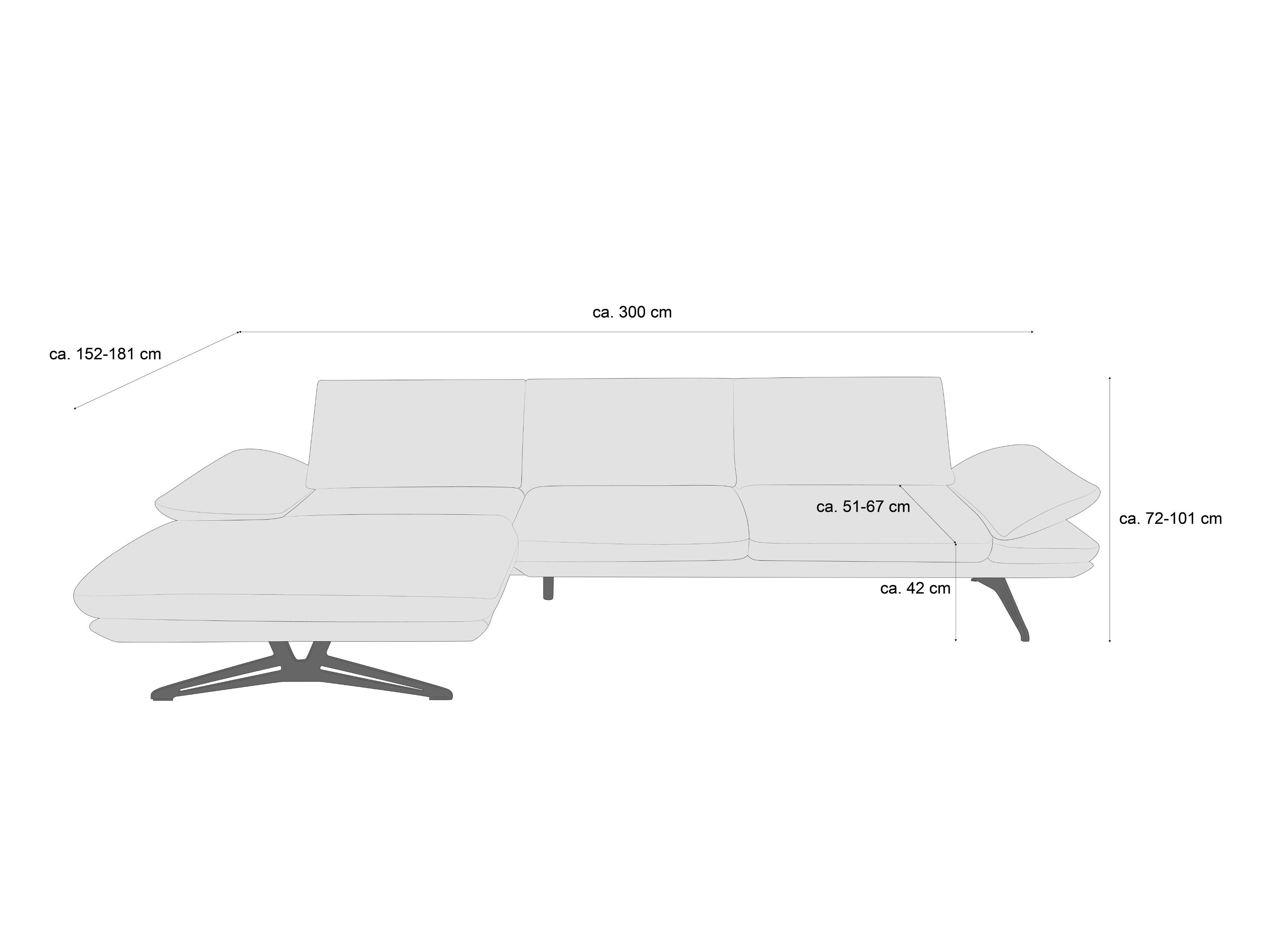 Ecksofa mit verstellbaren Armlehnen, gepolstertem Sitz und Metallfüßen in L-Form von vorn.