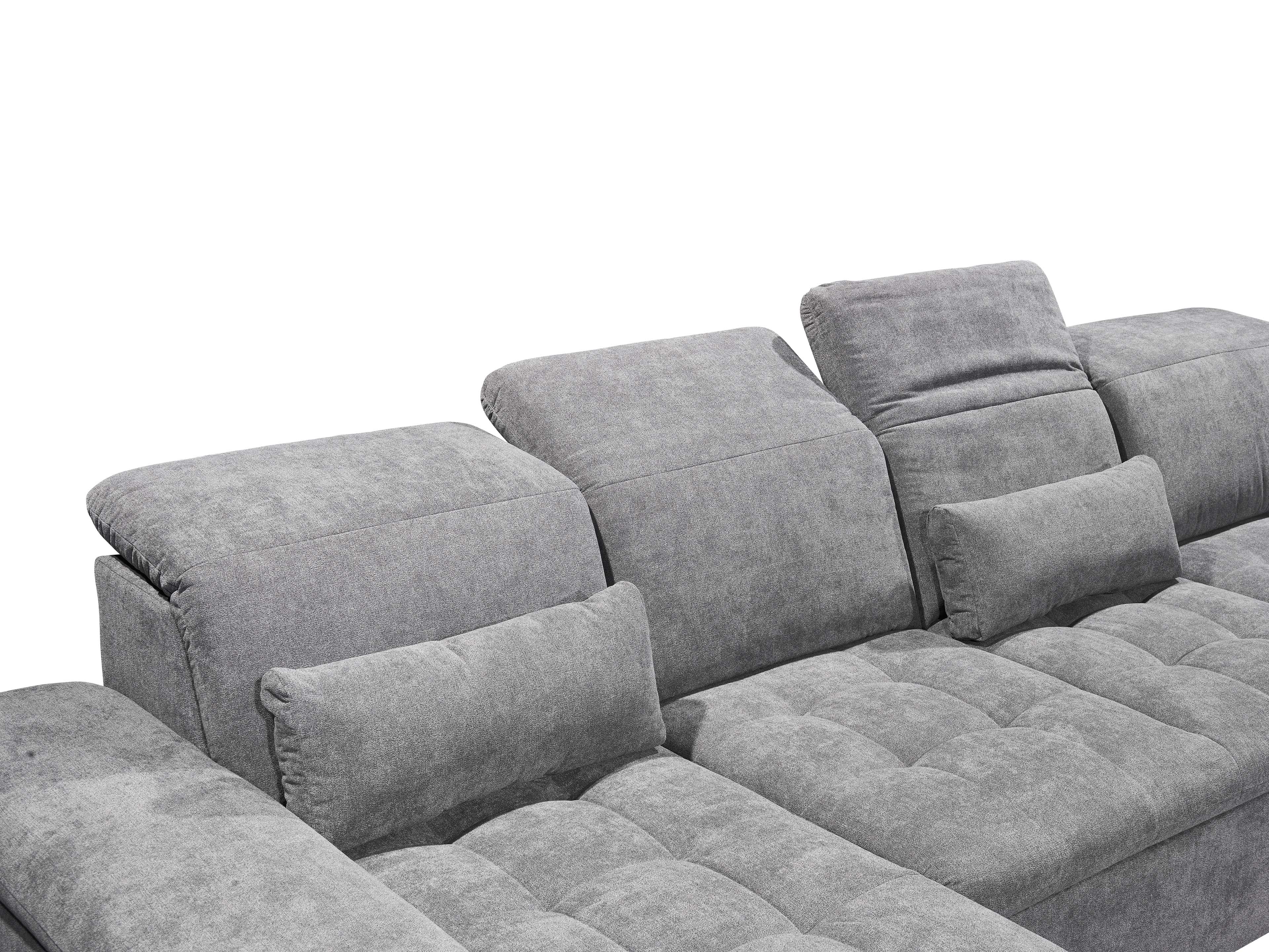Ecksofa Kabs Polsterwelt mit grauem Stoffbezug, gepolsterten Rückenlehnen und verstellbaren Kopfstützen