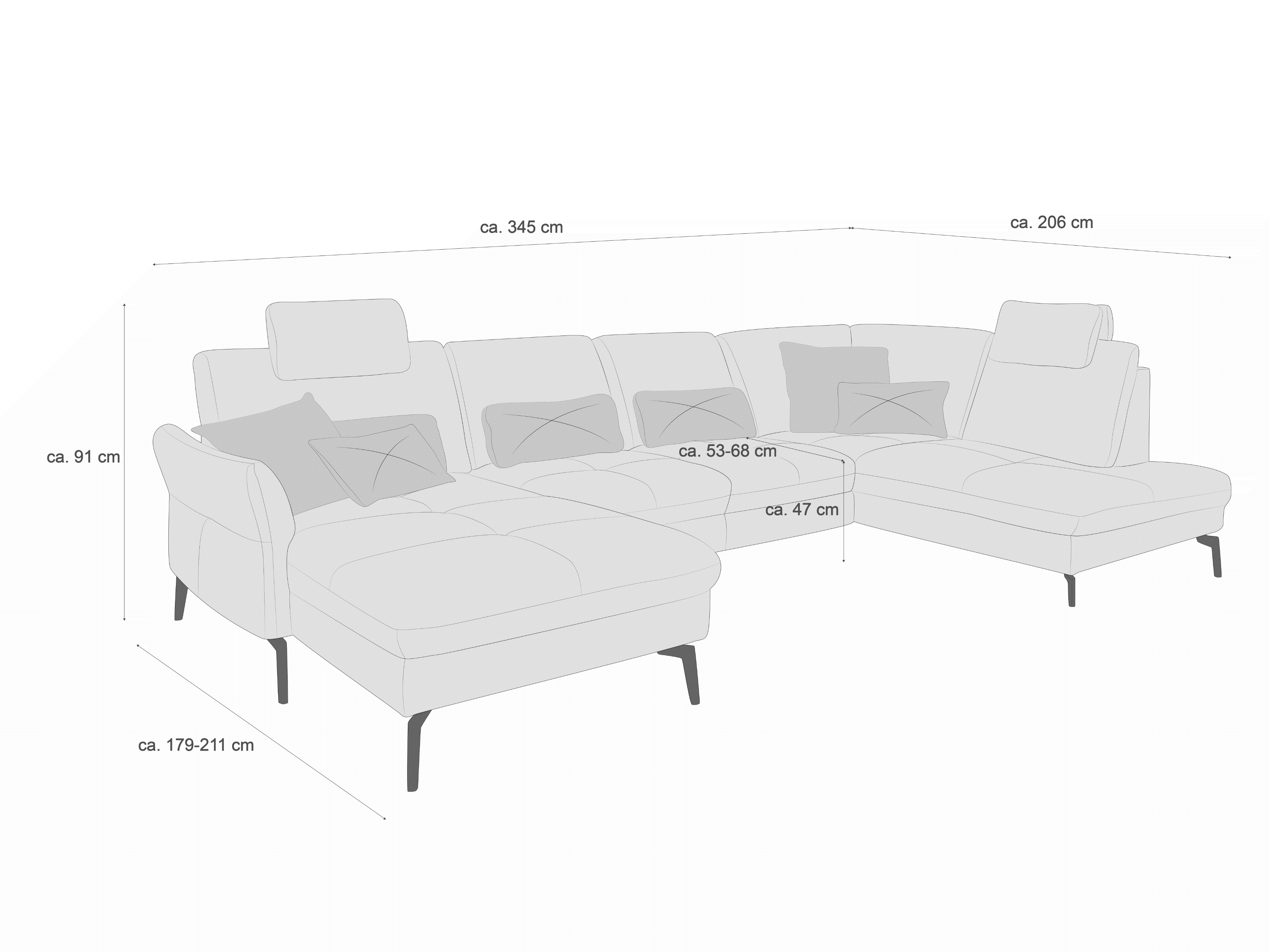 Ecksofa mit Stoffbezug, L-Form, gepolsterten Sitzflächen, Rückenlehnen, Armlehnen und Sofafüßen