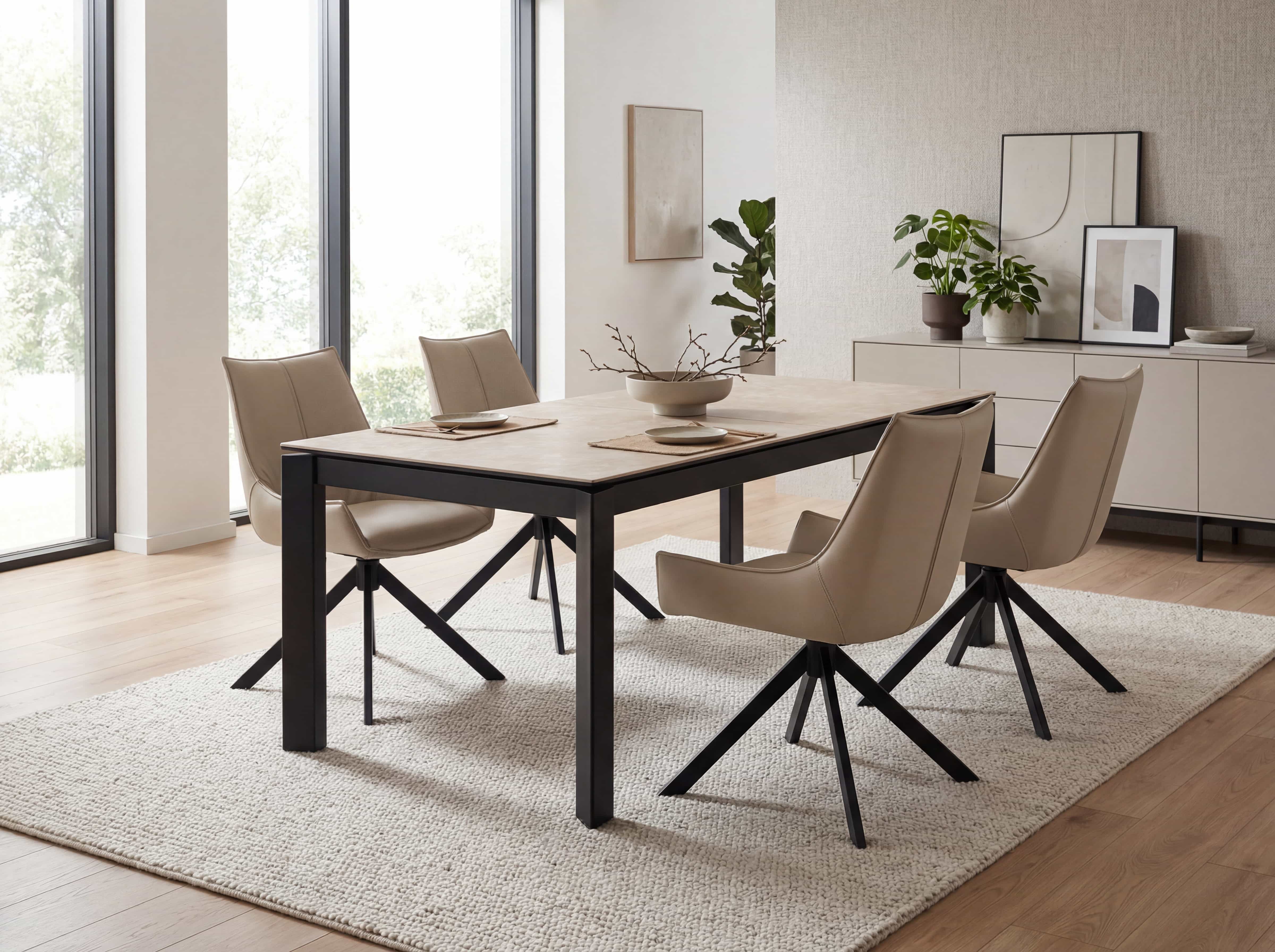 Esstisch mit rechteckiger, beiger Platte und schwarzem Metallgestell, vier beige Polsterstühle